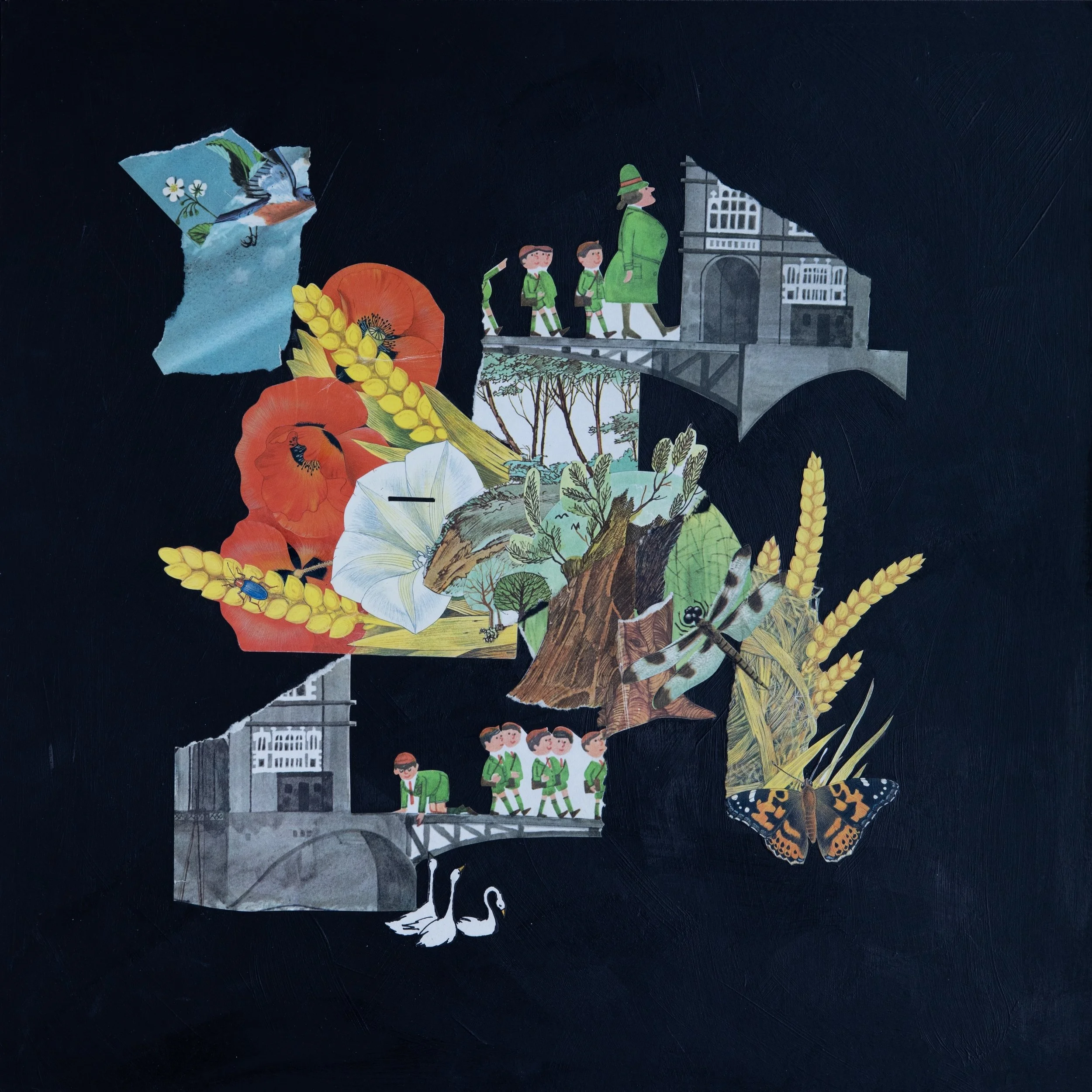 18 by 18 inch collage on black background. Scraps are arranged to show animals & children with a bridge, tied together by the image of a red flower and botanical elements; at upper left blue paper invokes the sky and lower right there is a butterfly.