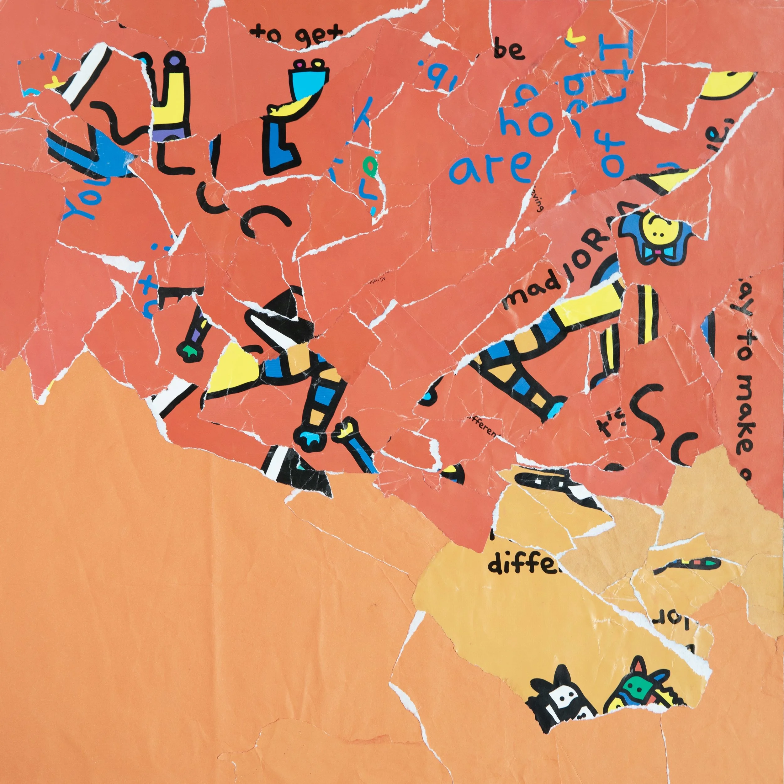 18 by 18 inch collage with art from edge to edge; in this abstract composition, swathes of red, orange and yellow ripped paper dominate. Remnants of thick black lines and occasional illustration appear within the colorwork.