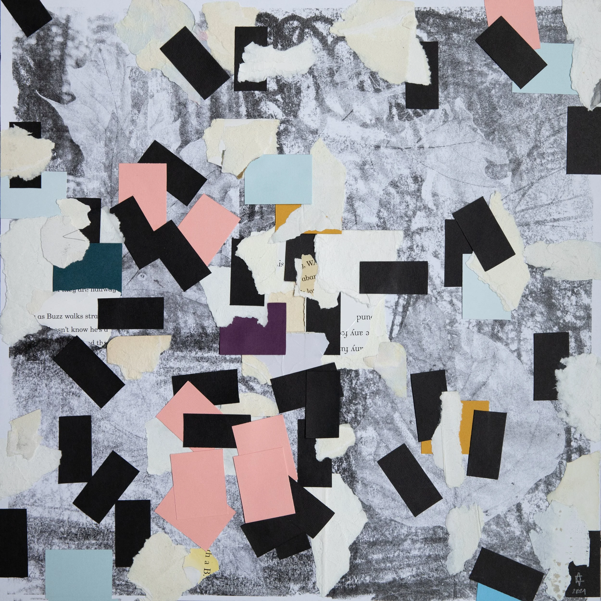 18 by 18 inch collage with art from edge to edge, with layers of ripped neutral colored paper applied on graphite scribbles. Yellow, peach, blue, & black rectangles are overlaid randomly.The effect is abstract, with moments of stark disruption.