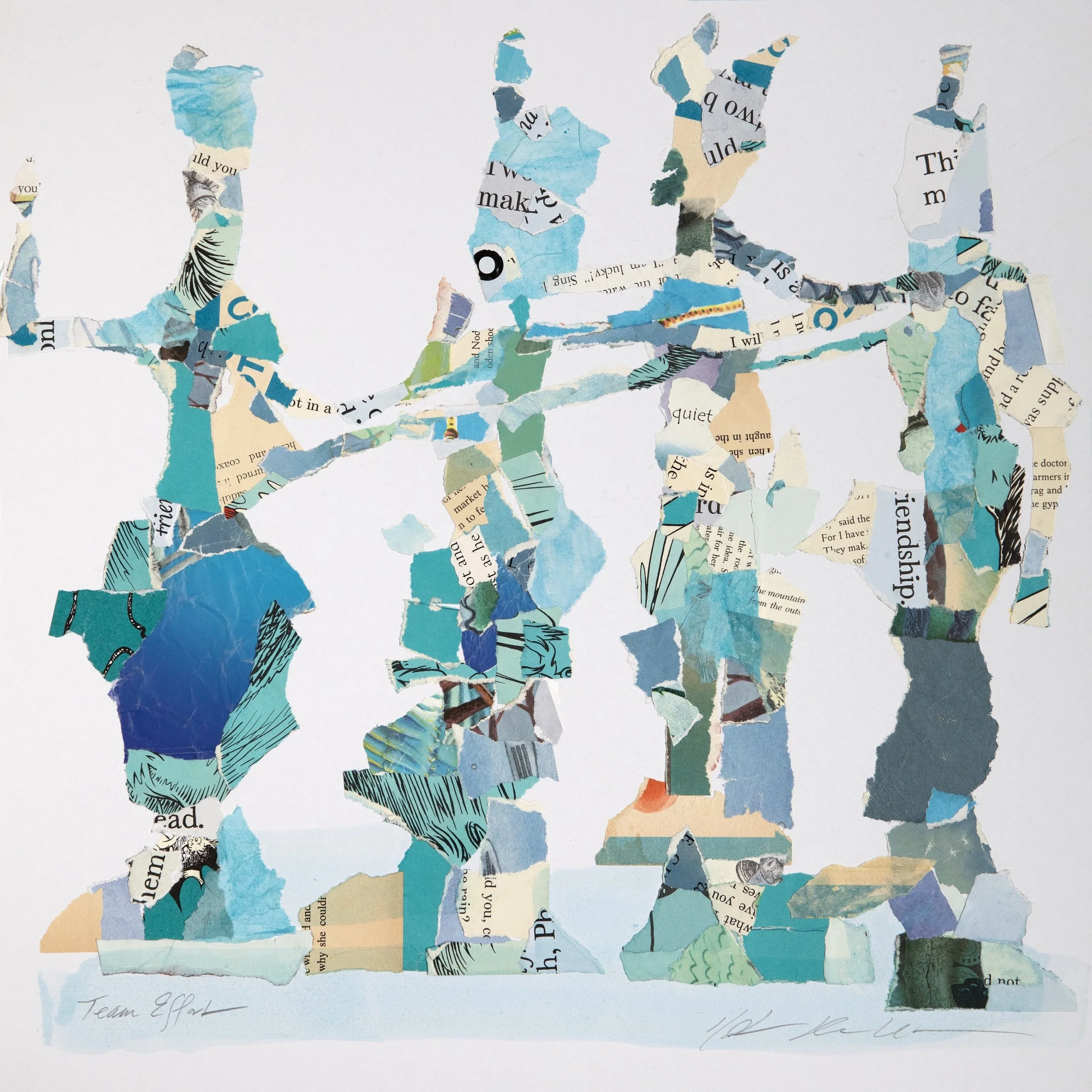 18 by 18 inch collage of ripped paper, primarily in shades of blue and green, on a white background. These scraps create four human-like forms linking arms. A wash of light blue watercolor anchors the bottom of the composition.