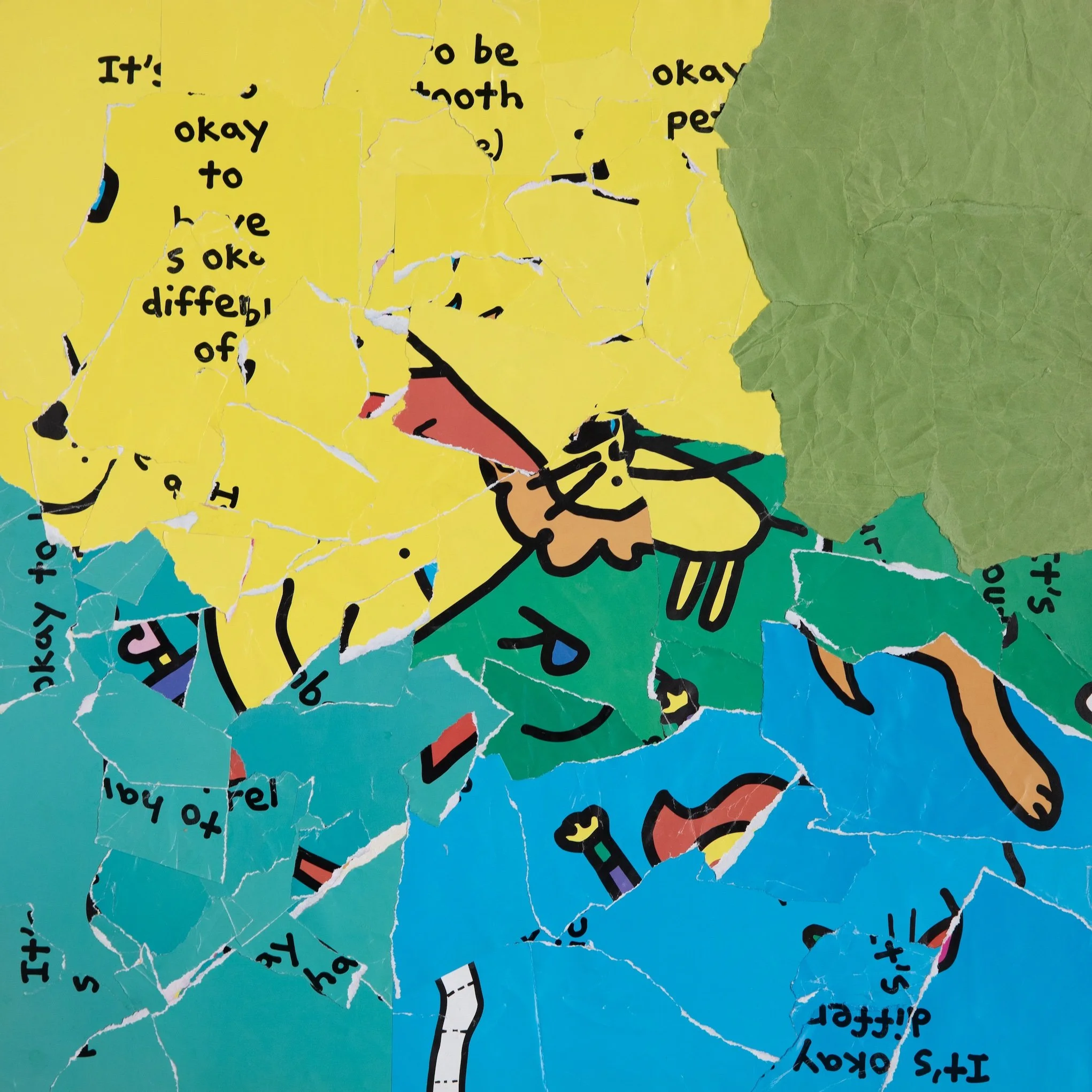 18 by 18 inch collage with art from edge to edge; in this abstract composition, swathes of yellow, blue and green ripped paper dominate. Remnants of thick black lines and occasional illustration hide within the colorwork.