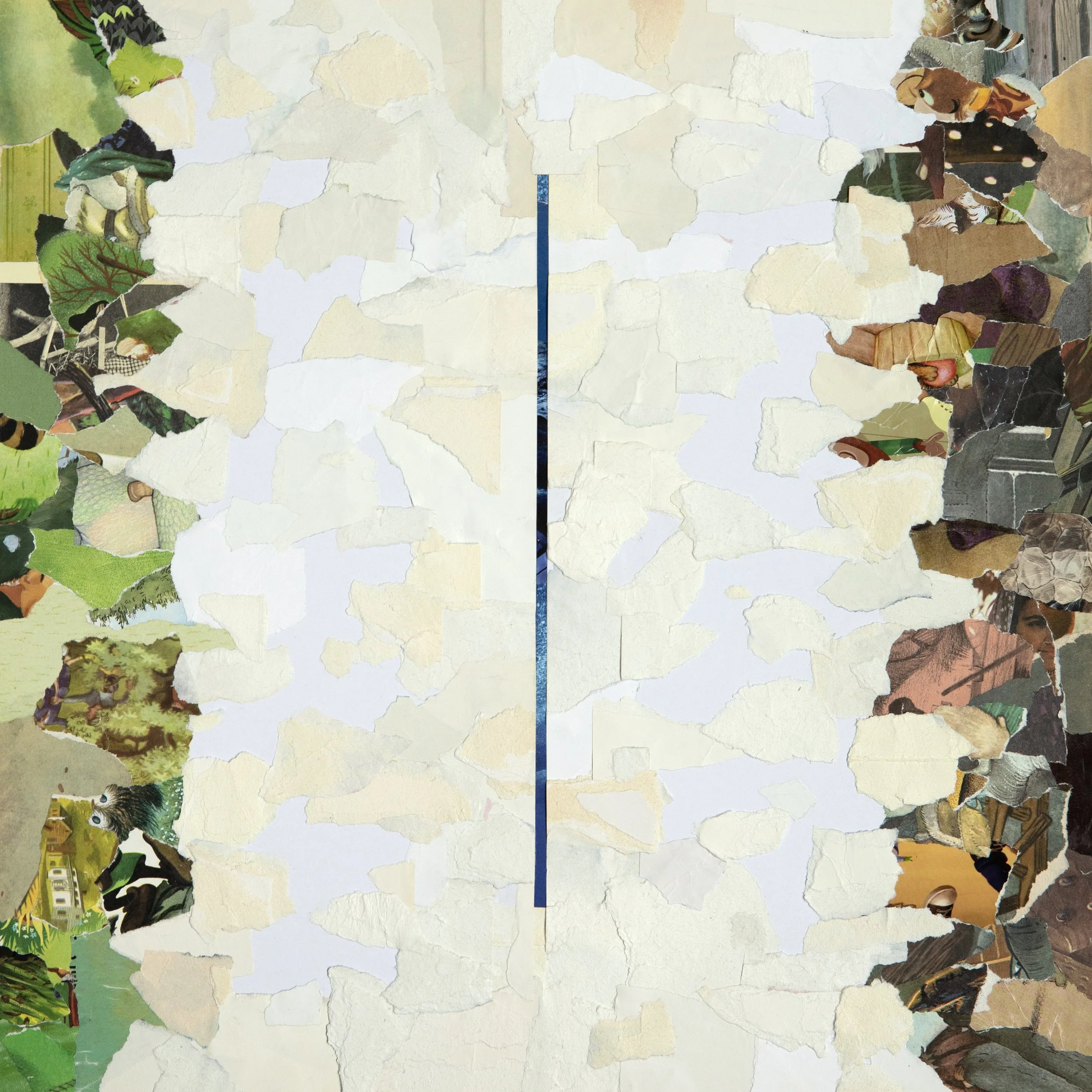 18 by 18 inch abstract collage art with white background; a blue line at center is surrounded by ripped white and off white papers, and green and brown scraps appear at the edges.