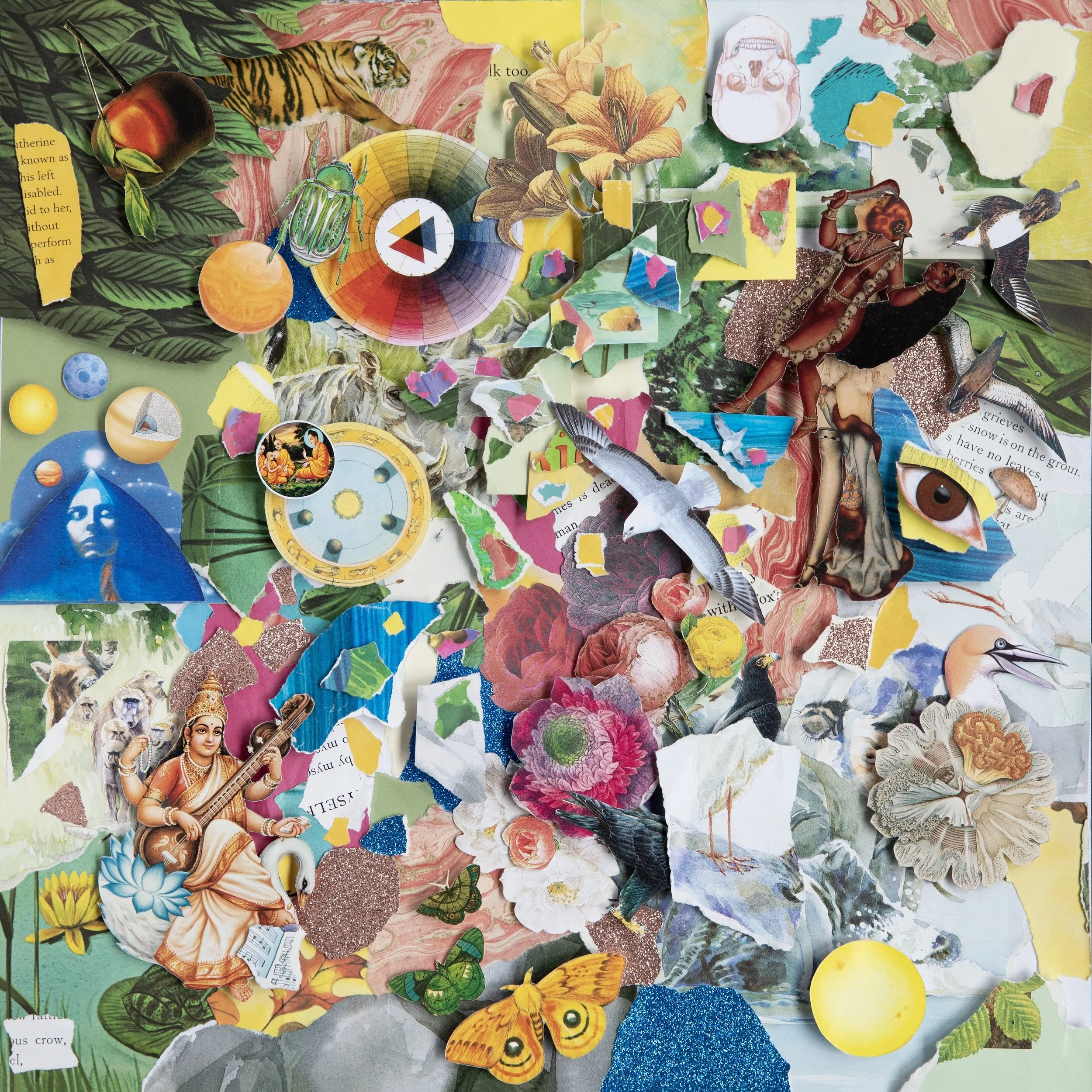 18 by 18 inch maximalist collage of colorful papers from children's books and illustrated works. Some elements raise off the board, creating a sense of dimensionality and aggressive layering echoed visually by a joyful chaos of color and pattern.