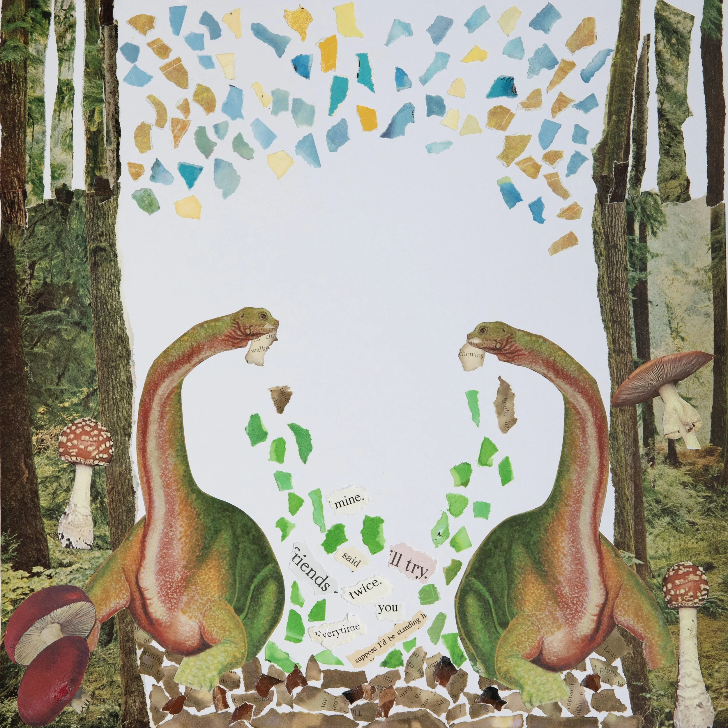 This 18 by 18 inch collage artwork has a bright white background. It features two dinosaurs with long necks curved toward each other chewing scraps of paper, with a tree and forest scenes constructed of ripped and found paper surrounding them.