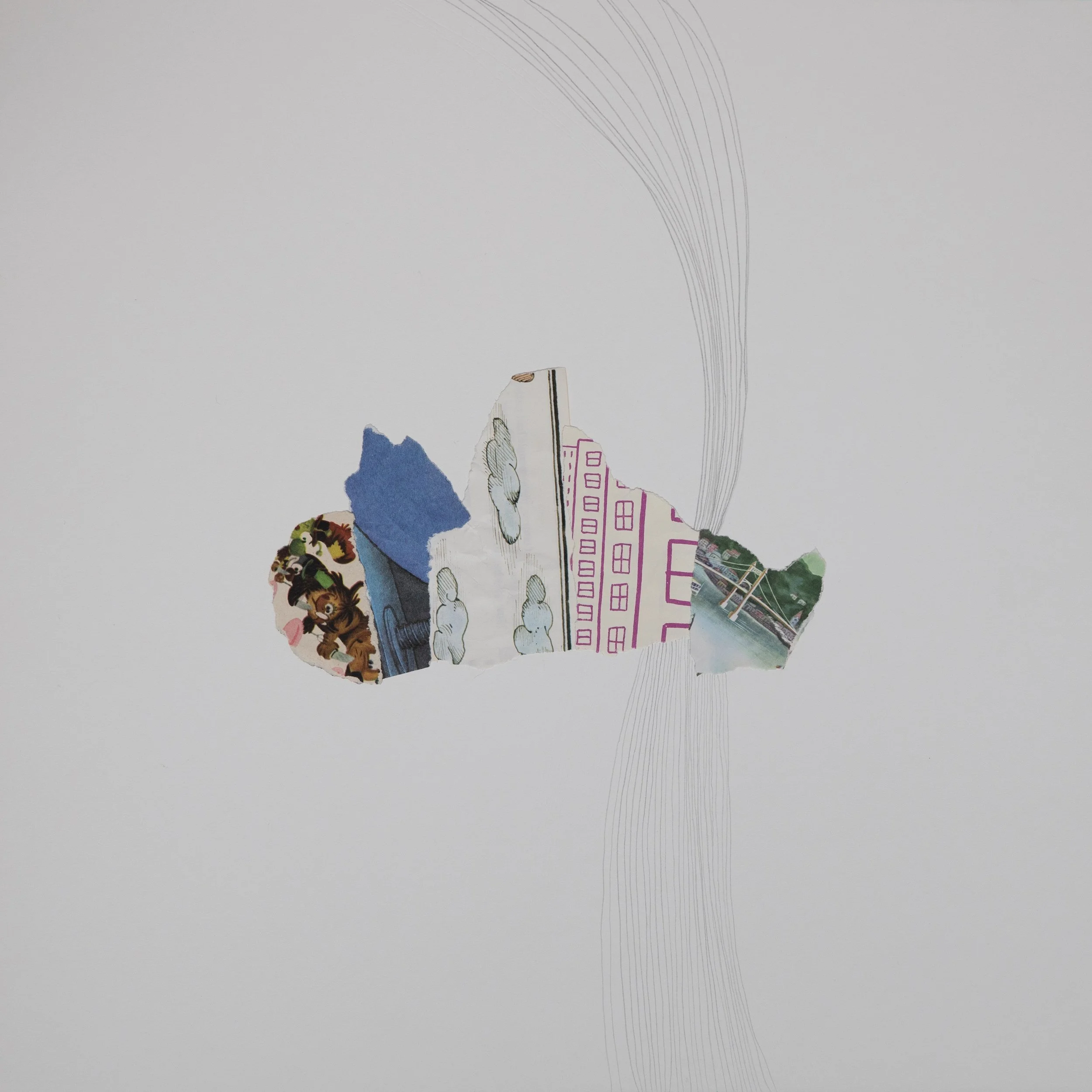 18 by 18 inch mixed media collage with 5 big scraps of paper from children's books are arranged in a cloud-like form, with vertical lines drawn in pencil extending above and below this arrangement.
