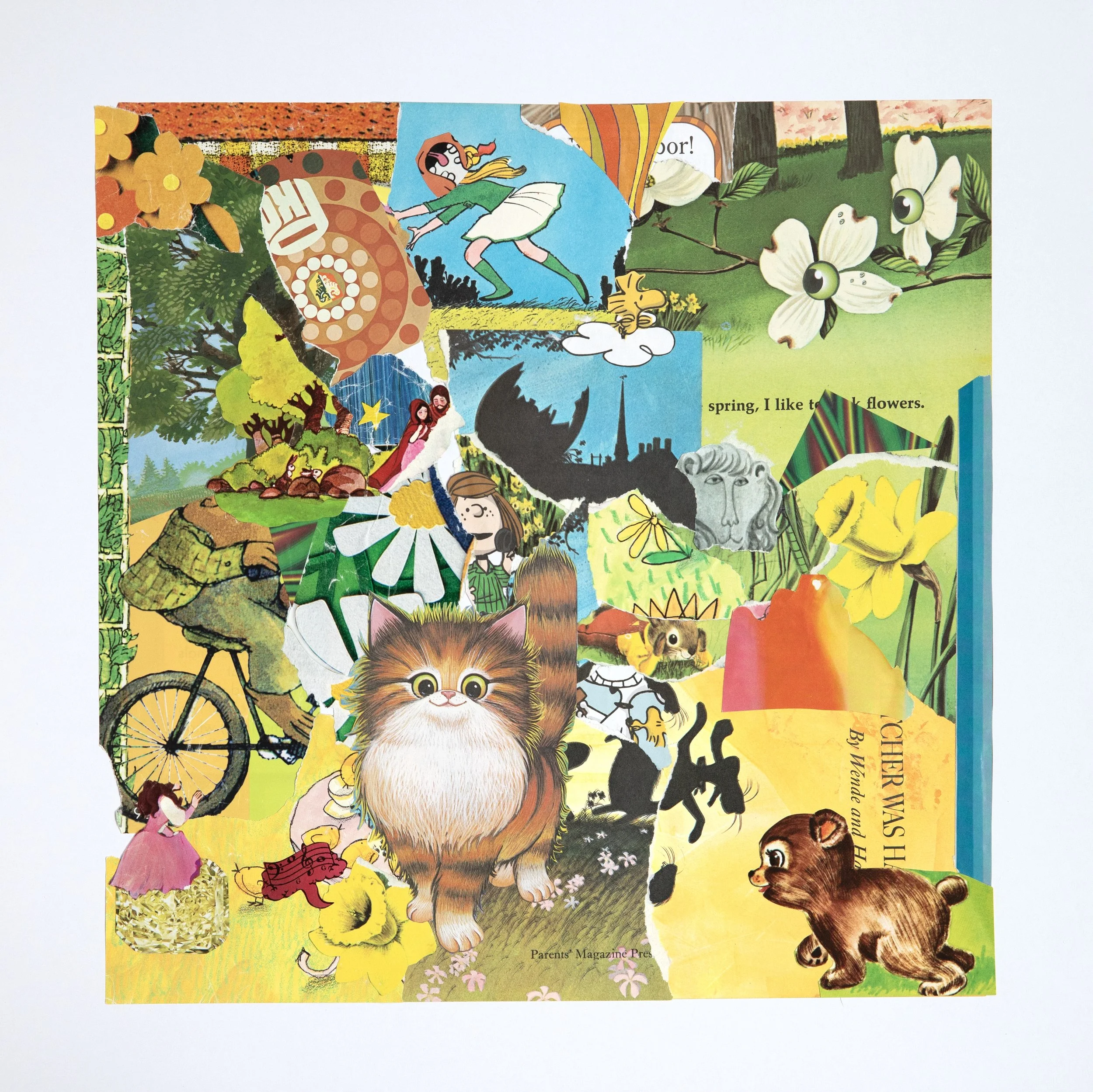 18 by 18 inch colorful, maximalist collage art using ripped paper from old children's books. The composition largely is in primary colors: blue, yellow, and red. An orange cat, bicycles, and a variety of familiar objects chaotically greet you.
