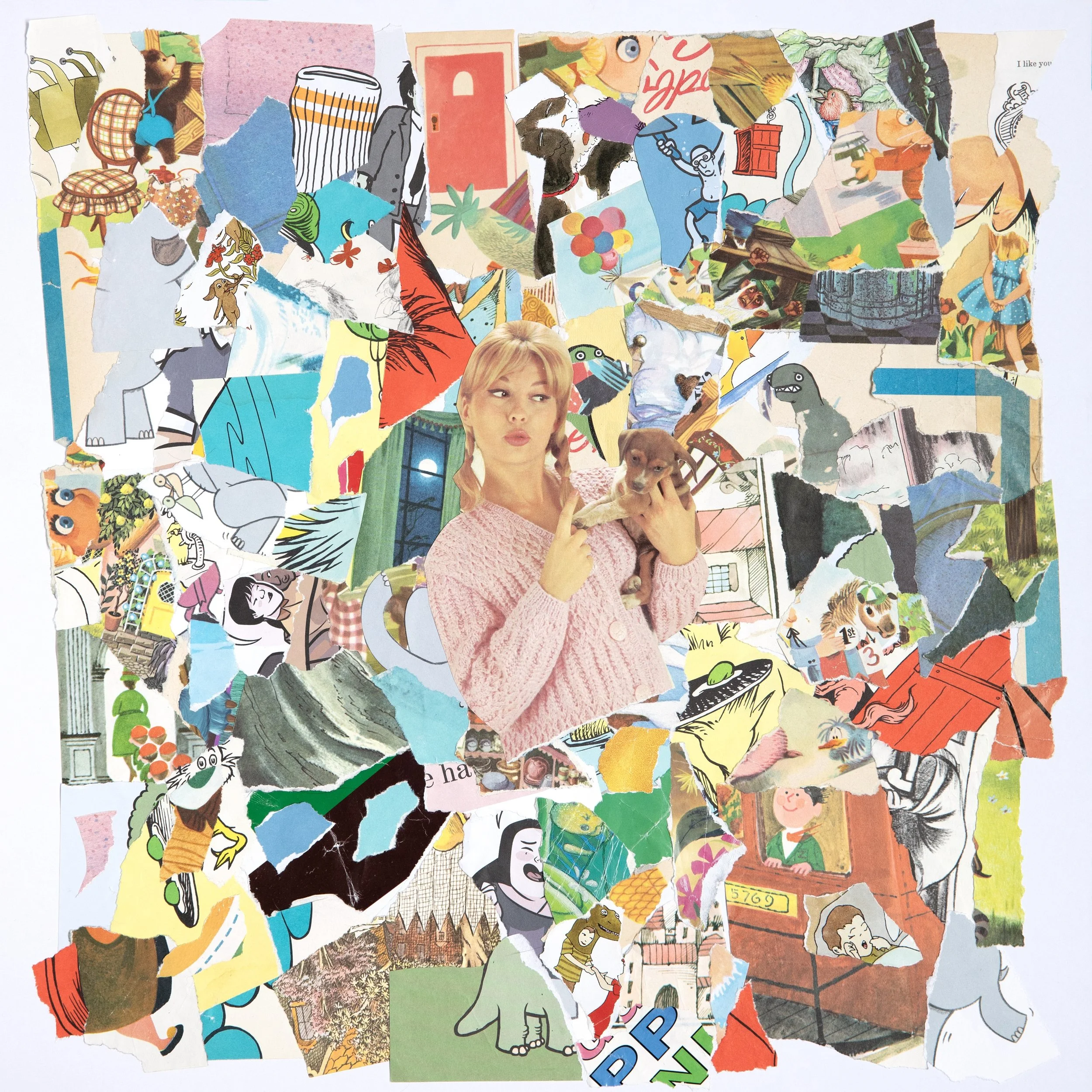 18 by 18 inch collage artwork featuring dozens of pieces of colorful ripped paper from vintage children's books, arranged chaotically and overlaid with a magazine cutout of a white woman with blond hair, wearing a sweater and a surprised look.