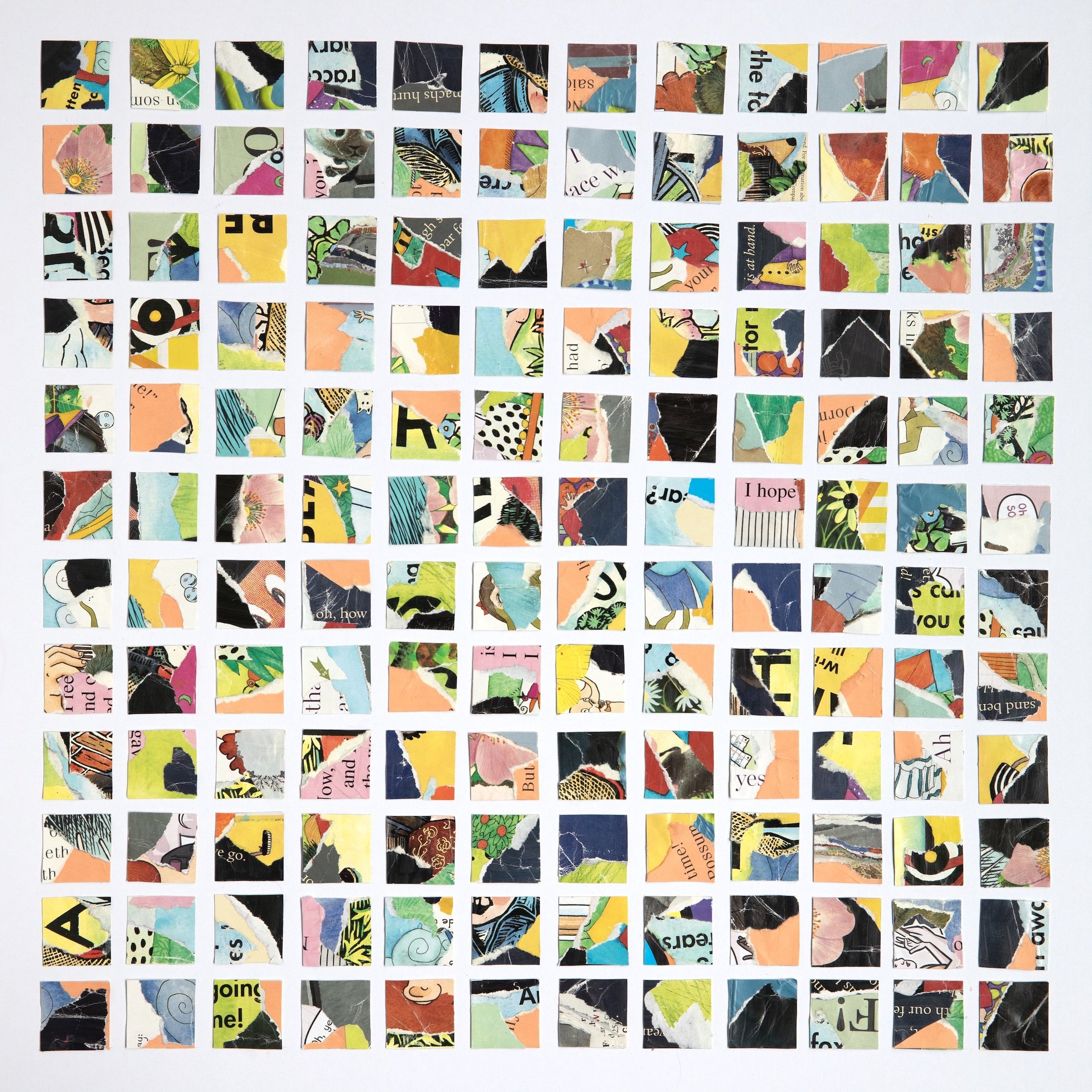 18 by 18 inch collage created from 144 smaller collages, each of which is 1x1 inch. These small works are abstract and used ripped paper of various colors, with pops of yellow, pink, green. The works are in a grid of 12 collages per row, 12 rows tall