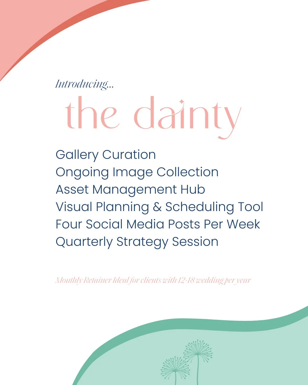 The Dande Special is getting daintyfied. We're now offering the full dazzling bouquet of social media management services, as well as a smaller version suitable for wedding pros that are working 12-18 weddings per year. ⁠
⁠
Our packages were original