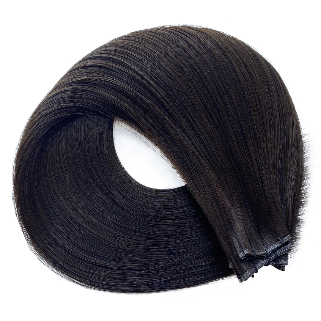 Dark brown or black hair extension weft, neatly organized in a circular shape.