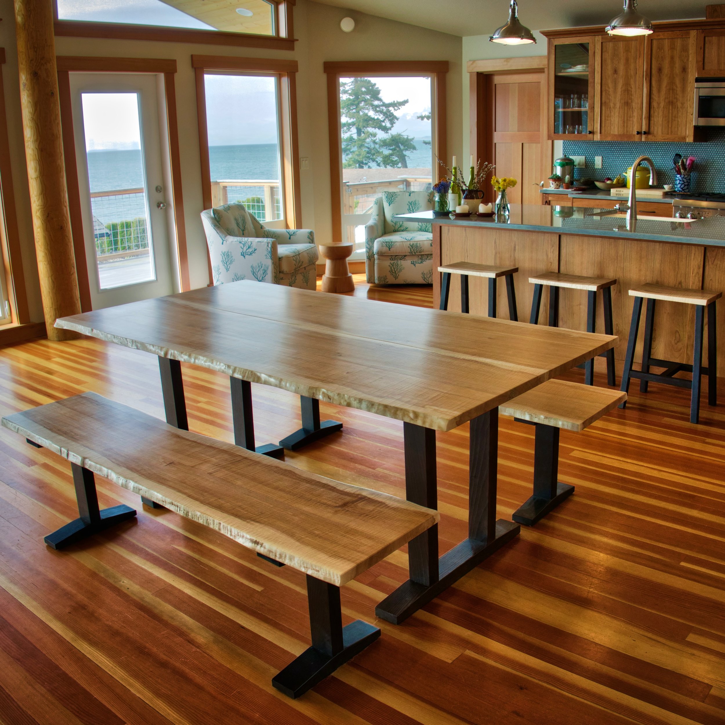 Highly Figured Maple Dining Set with Matching Stools. San Juan Islands.