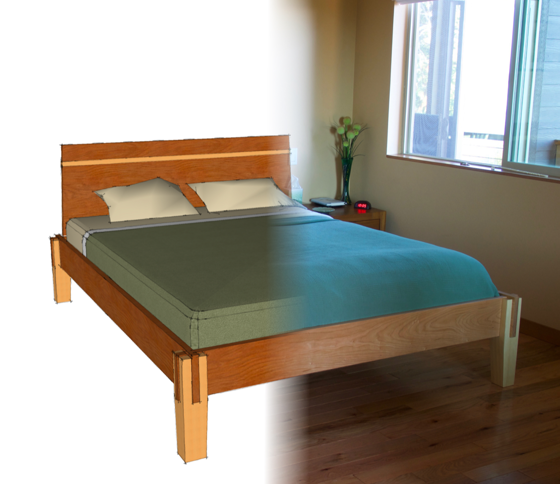 Custom made bed by Thomas Lutz furniture comparing design to finished piece