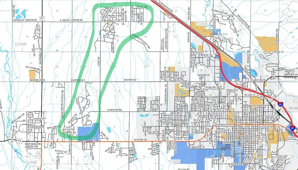 A map of north west Bozeman, showing White Pines tractor zone of service for snow removal.