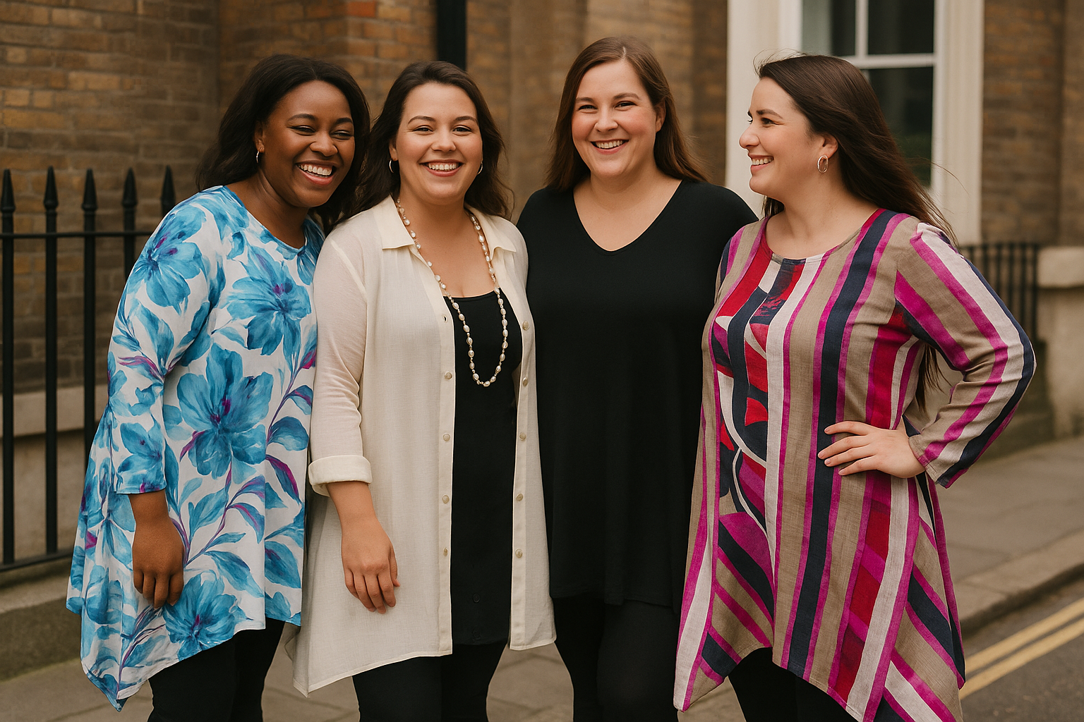 Four women standing outside, smiling and enjoying each other's company. They are dressed casually wearing zezzy clothing, with a brick building and black fence in the background.
