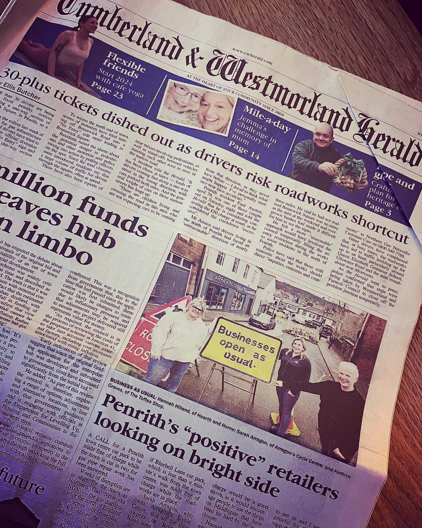 🙏 A huge THANK YOU to the @cwherald for supporting local businesses through the road closures and featuring us on their front page last week alongside Kathryn @thetoffeeshopuk and Sarah @arragonscycles 
#cwherald #localbusiness #penrith #penrithbid 