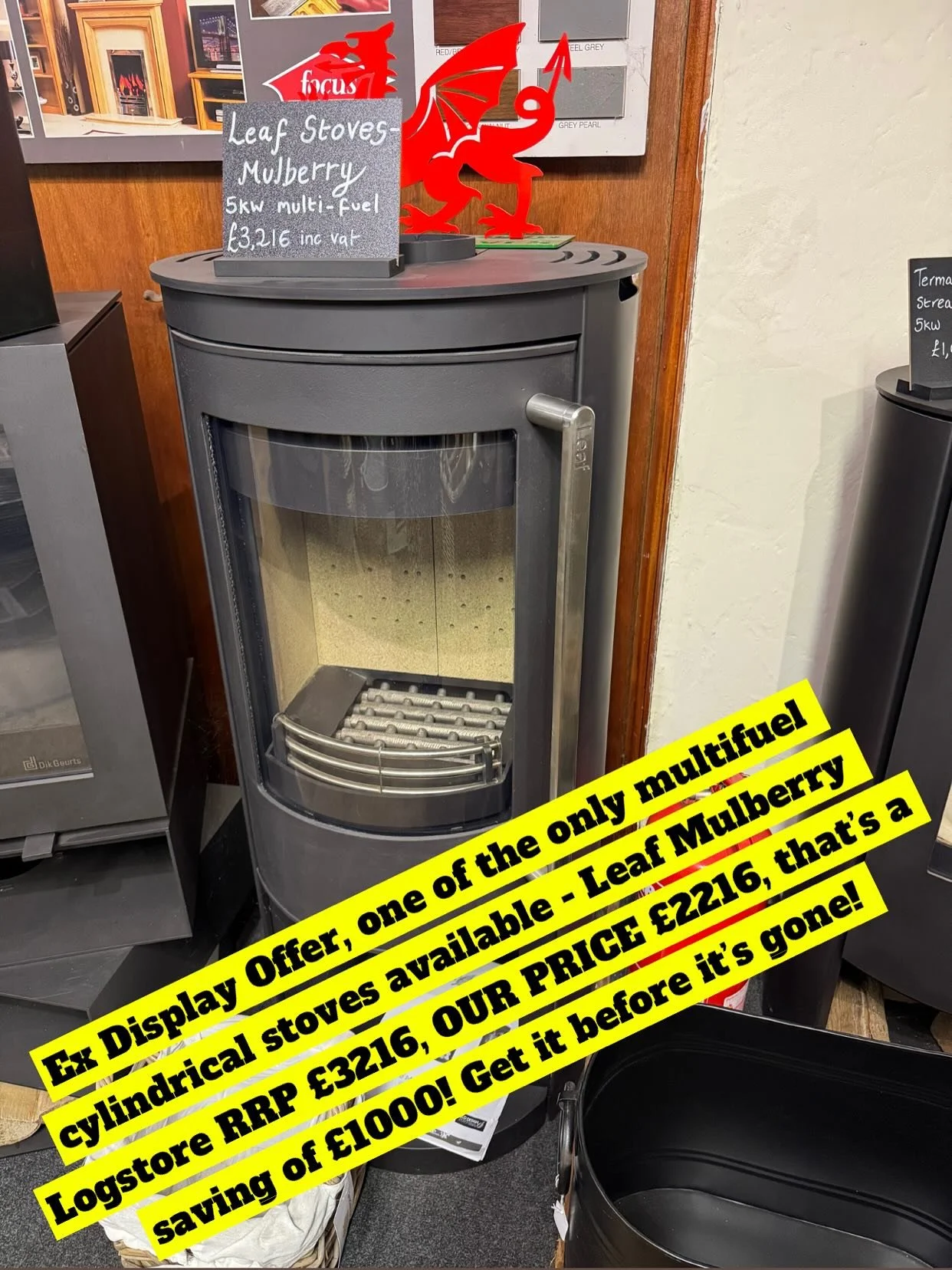 EX DISPLAY AMAZING OFFER! Summer is the absolute best time to grab yourself a bargain! The Leaf Mulberry on Logstore is one of the only cylindrical Multifuel Stoves on the market. RRP &pound;3216, OUR PRICE &pound;2216, that&rsquo;s &pound;1000 off!!