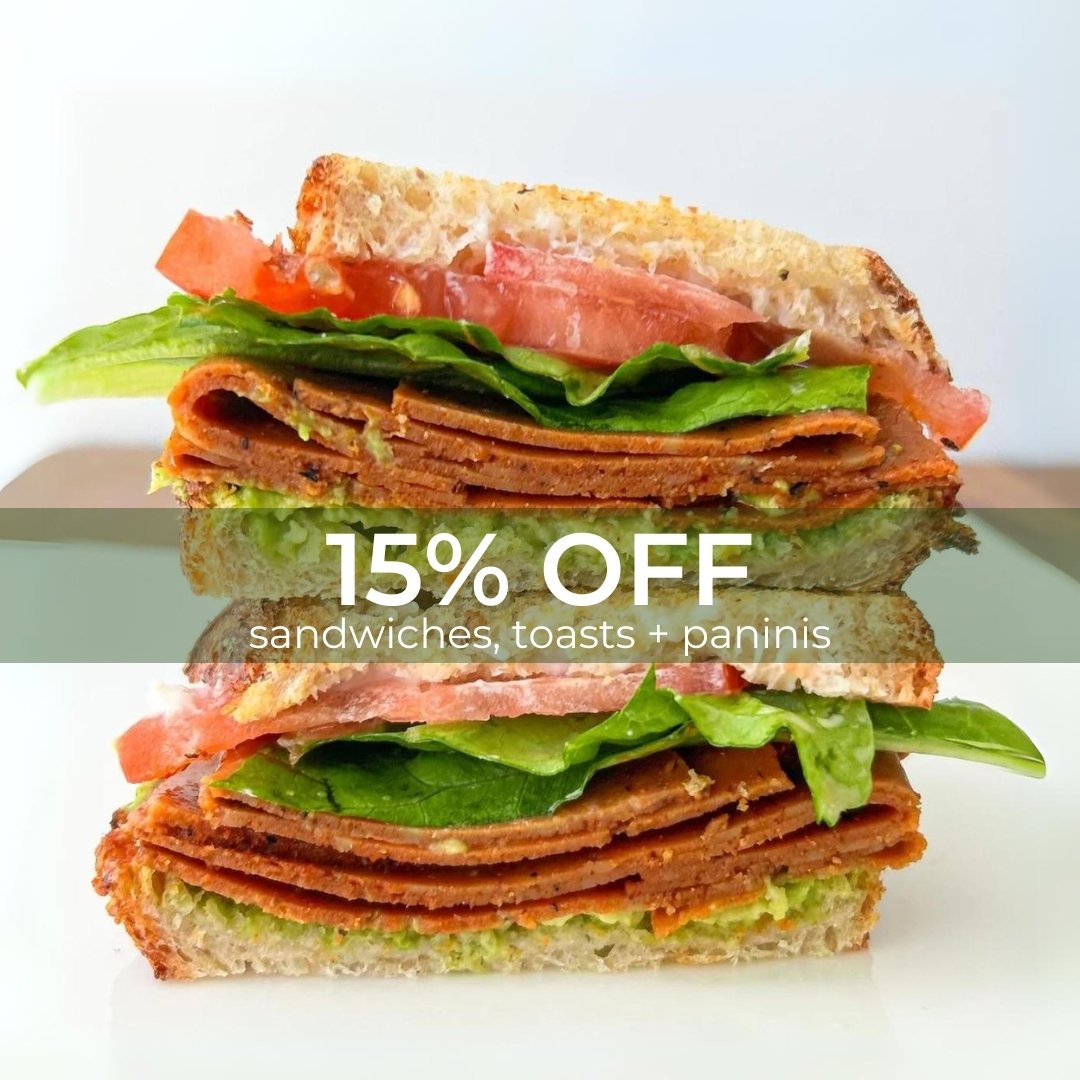 TODAY ONLY: 15% OFF SANDWICHES, TOASTS + PANINIS ✌️🤍 🥪

indulge in whole food, plant-based ingredients that contain no artificial flavors, preservatives or nonsense. made to order&hellip; just for you!

want the inside scoop on tomorrow's special? 