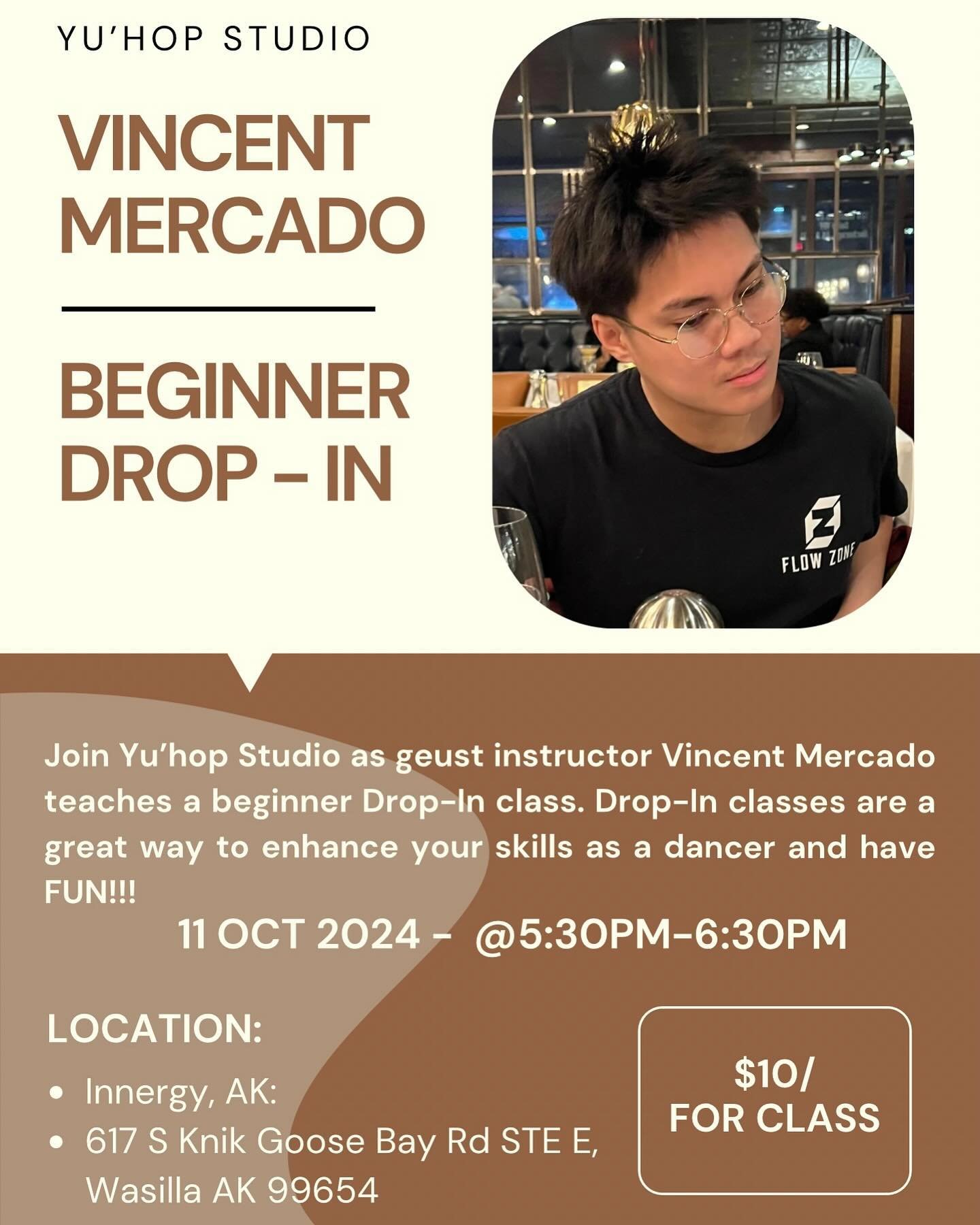 THIS FRIDAY!!!
(5:30pm - 6:30pm)
Location: Innergy AK

We have guest instructor Vincent Mercado joining Yu&rsquo;hop Studio, to teach a Beginners Drop-In Class. Drop-Ins are a great way to enhance your skills as a dancer and have FUN!!!

This is not 
