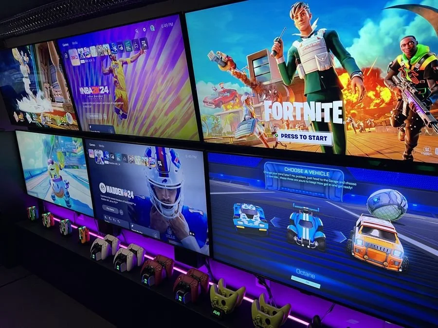 Kids birthday party gaming setup with Fortnite, Rocket League, and Madden NFL 24 on PS5