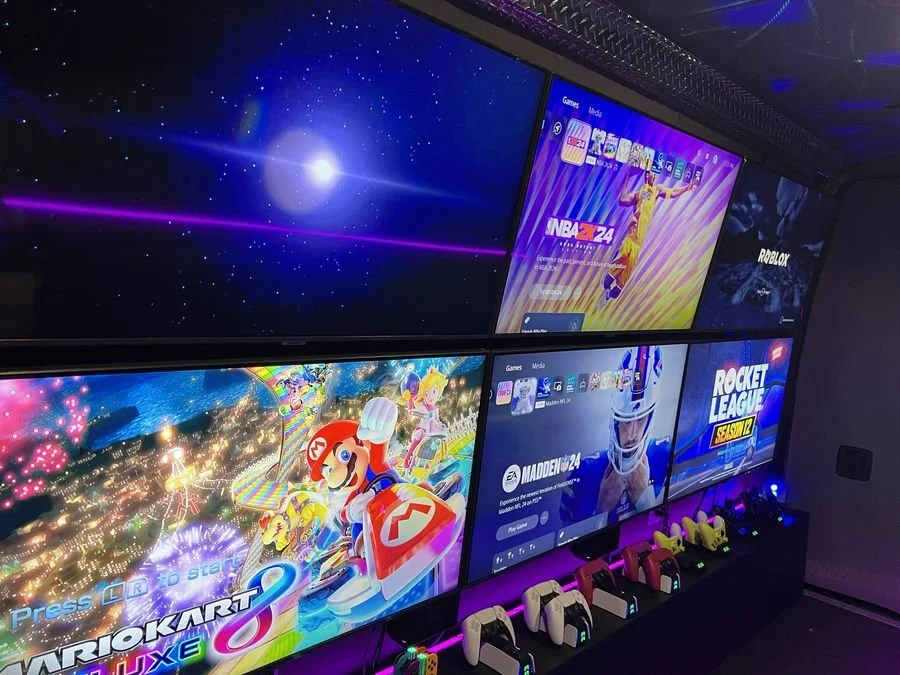 Kids birthday party gaming setup with Mario Kart, Fortnite, Rocket League, and Madden NFL 24 on PS5