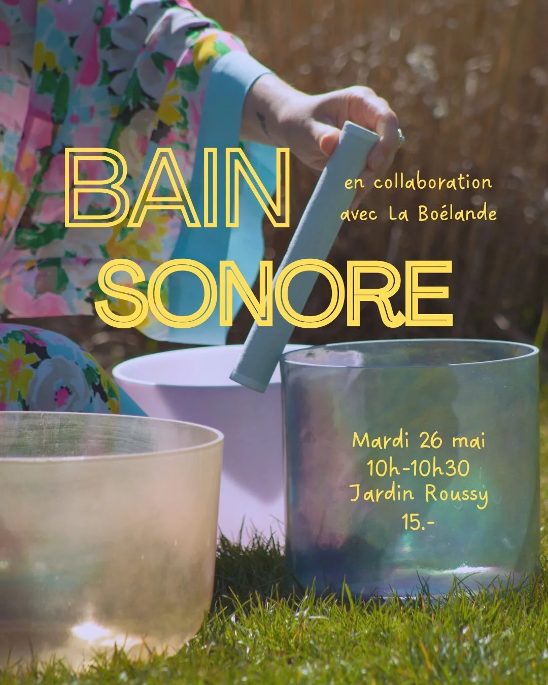 Le 26 mai &agrave; 10h une relaxation sonore outdoor s&rsquo;invite au Jardin Roussy!

Offre-toi une pause r&eacute;g&eacute;n&eacute;rante et rejoins-nous sur l&rsquo;herbe avec ton tapis pour te laisser bercer par le son des bols en cristal et le c