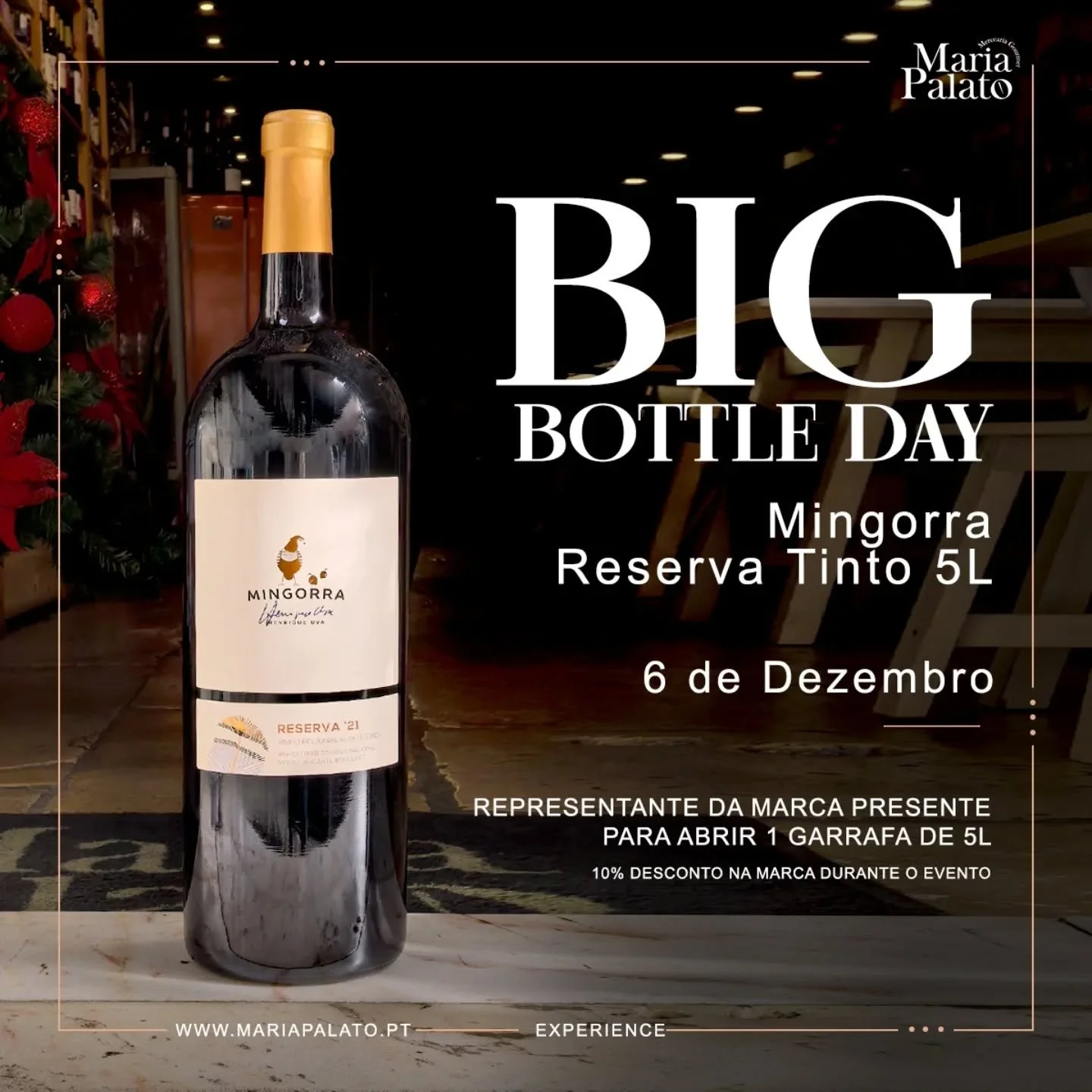 Dia 6, sexta feira, vamos abrir uma garrafa de 5L Mingorra tinto reserva, com a presença do embaixador da marca... Contamos consigo!
#bigbottle #bigbottleday #big #redwine #alentejo #portugal #turismo #tourism #tradição #natal #c