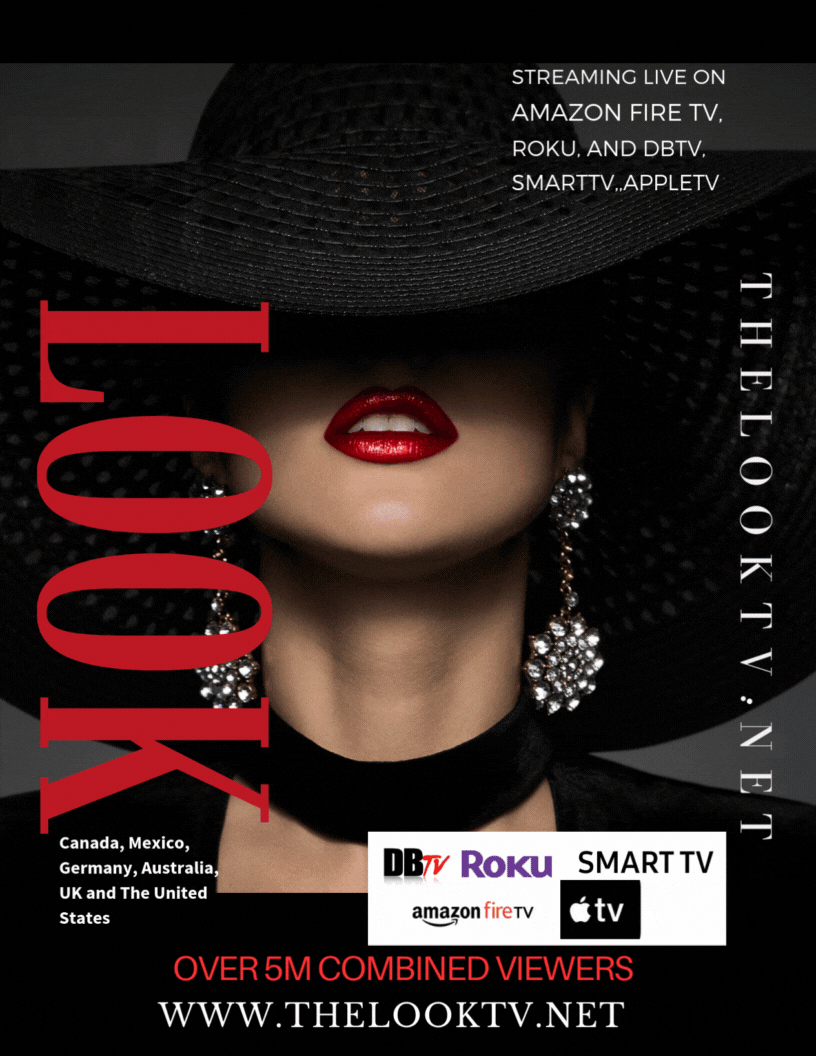 A woman wearing red lipstick, large earrings, and a wide-brimmed black hat, with text advertising live streaming of the TV channel 'The Look TV' on various platforms worldwide.