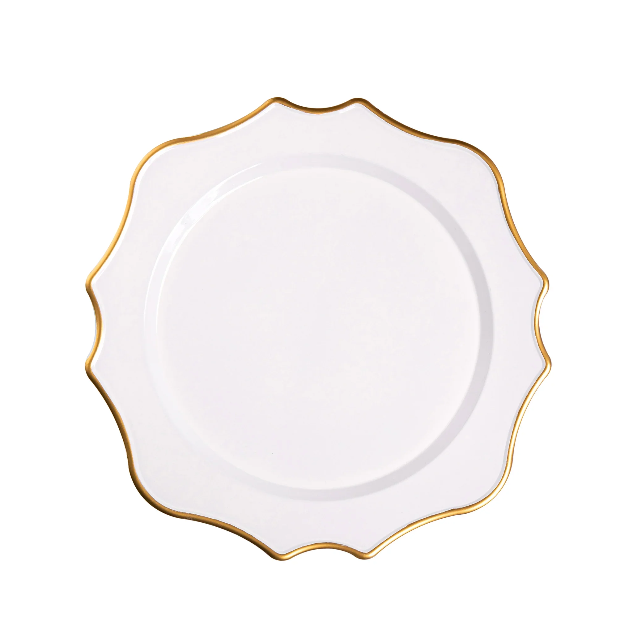 White scalloped charger with gold rim