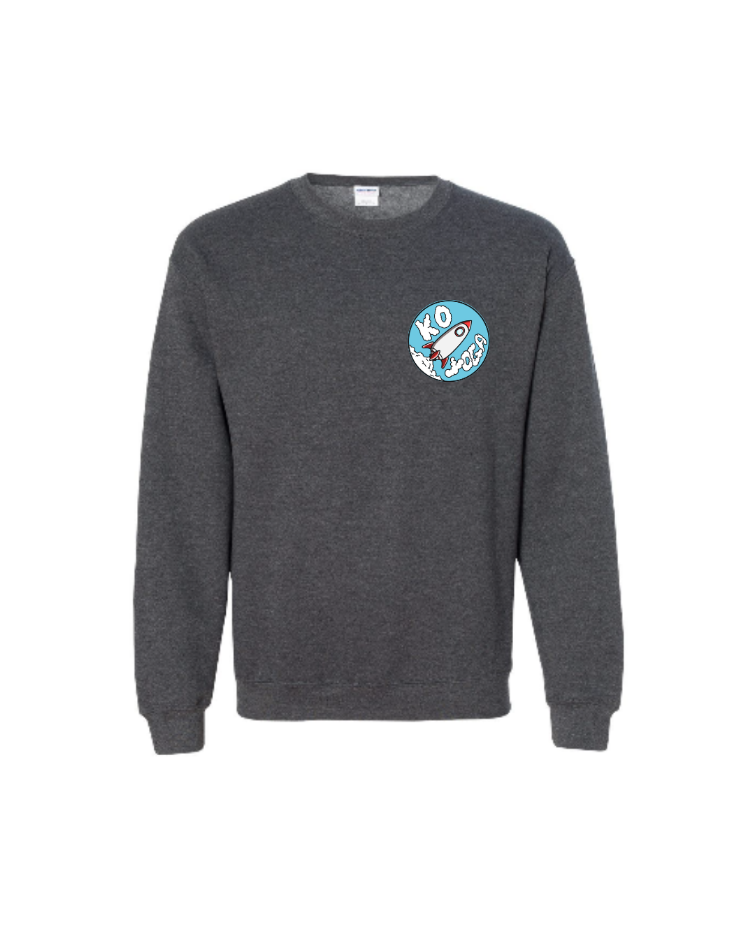 A grey unisex pullover featuring the image of a rocket and the words KO YOGA