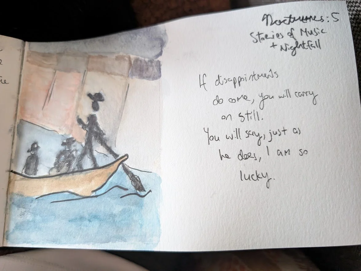 painting of blurry silhouetted men in a boat