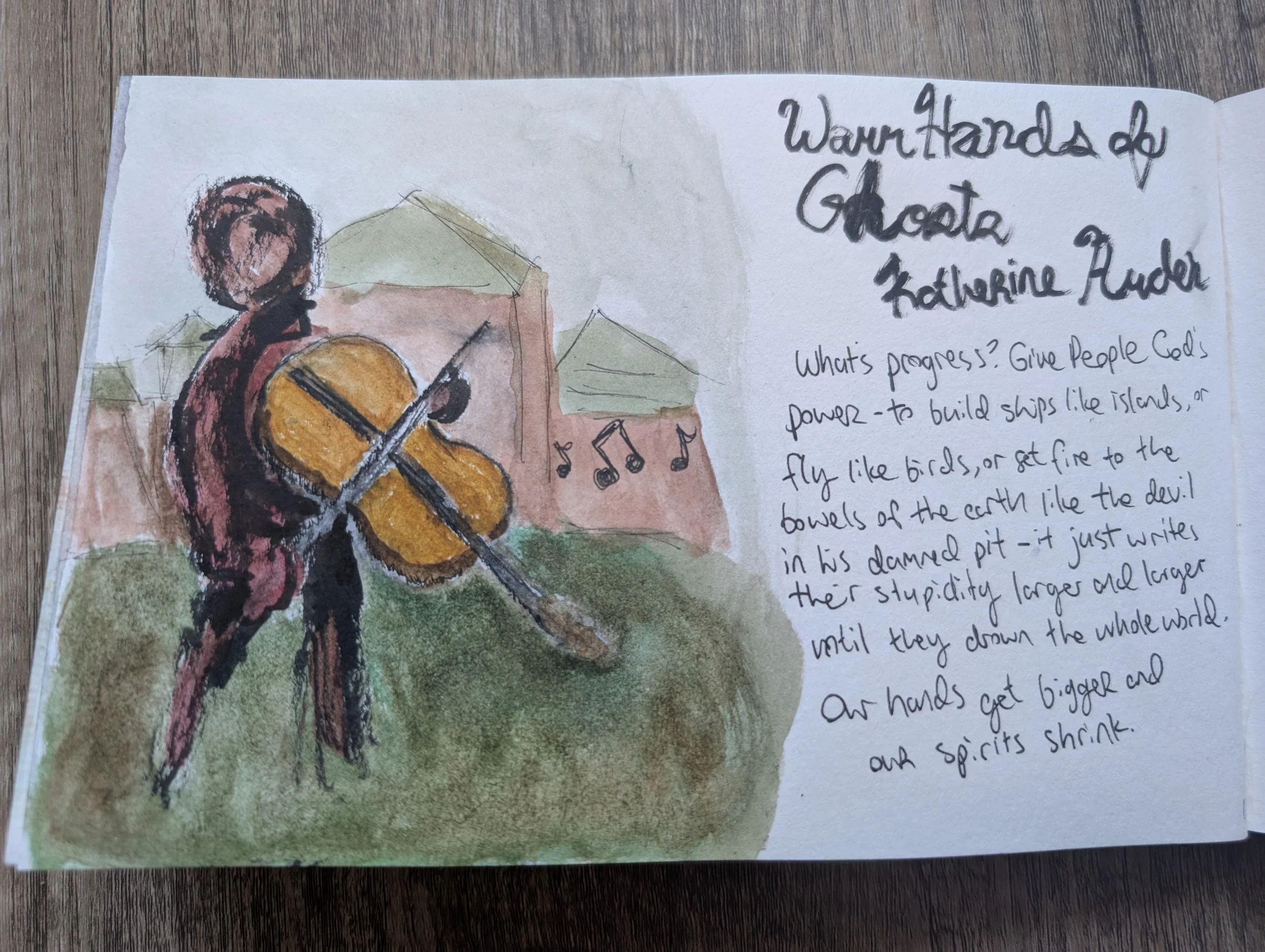 violin and spooky human shape holding it painting