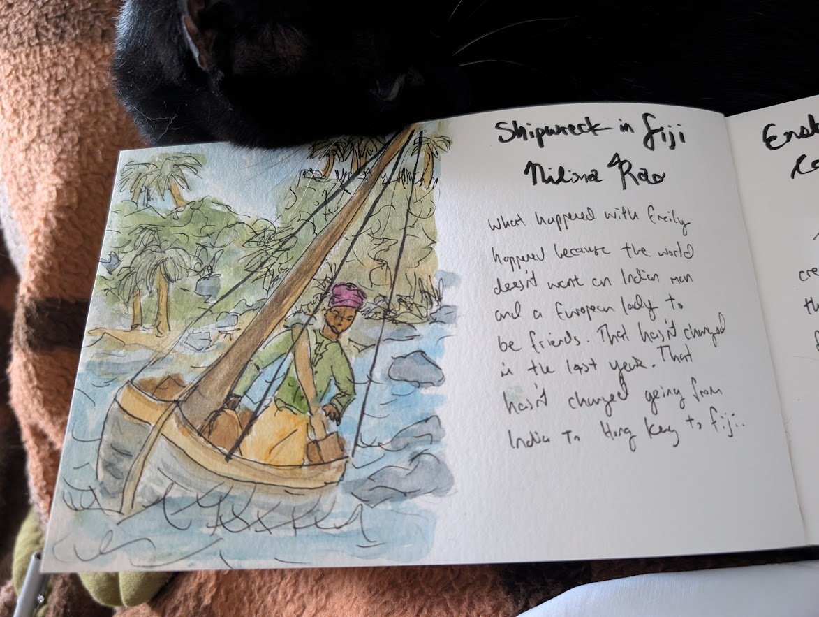 painting of ship at sea with man aboard