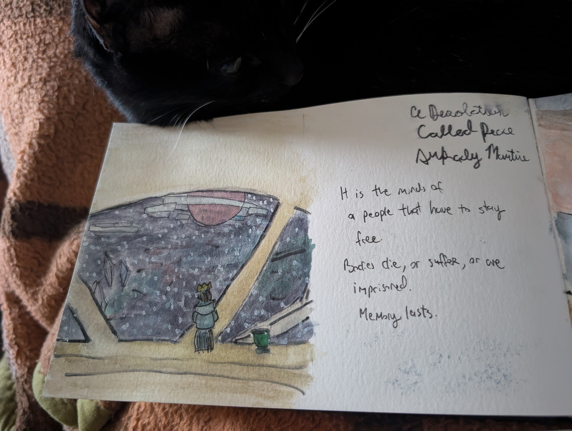 a desolation called peace painting of person looking out window at starry sky