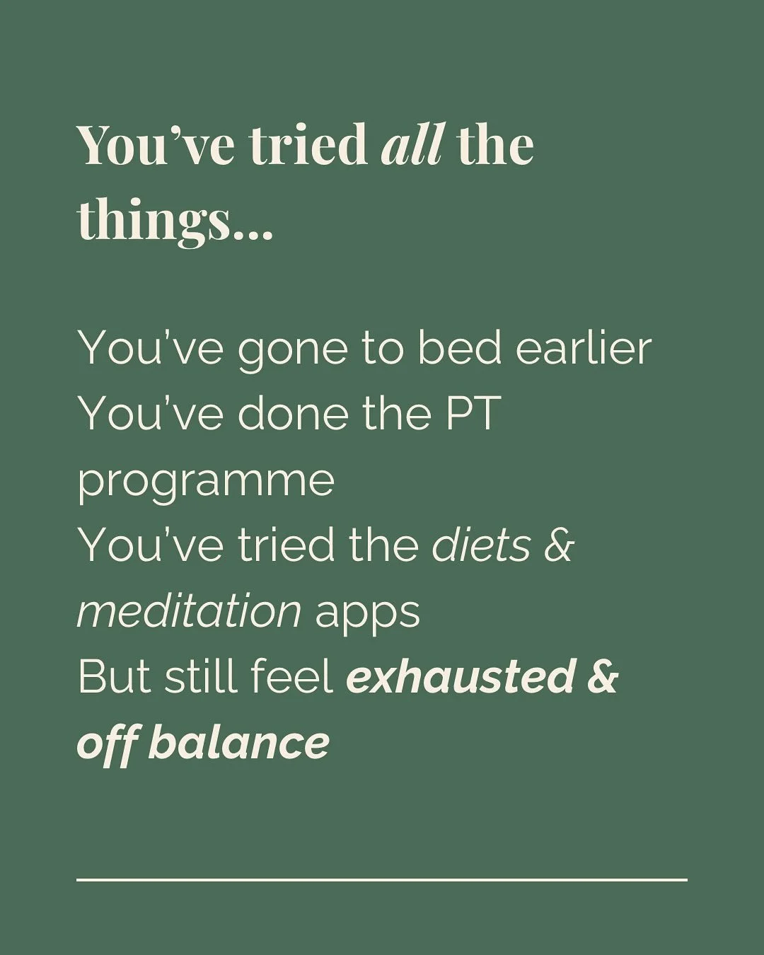 You&rsquo;re doing everything right.

You&rsquo;re going to bed earlier, following the PT&rsquo;s gym plan, eating the salads, but your body still isn&rsquo;t showing up how you want it to.

You feel drained, foggy, emotional, &amp; out of sync and n