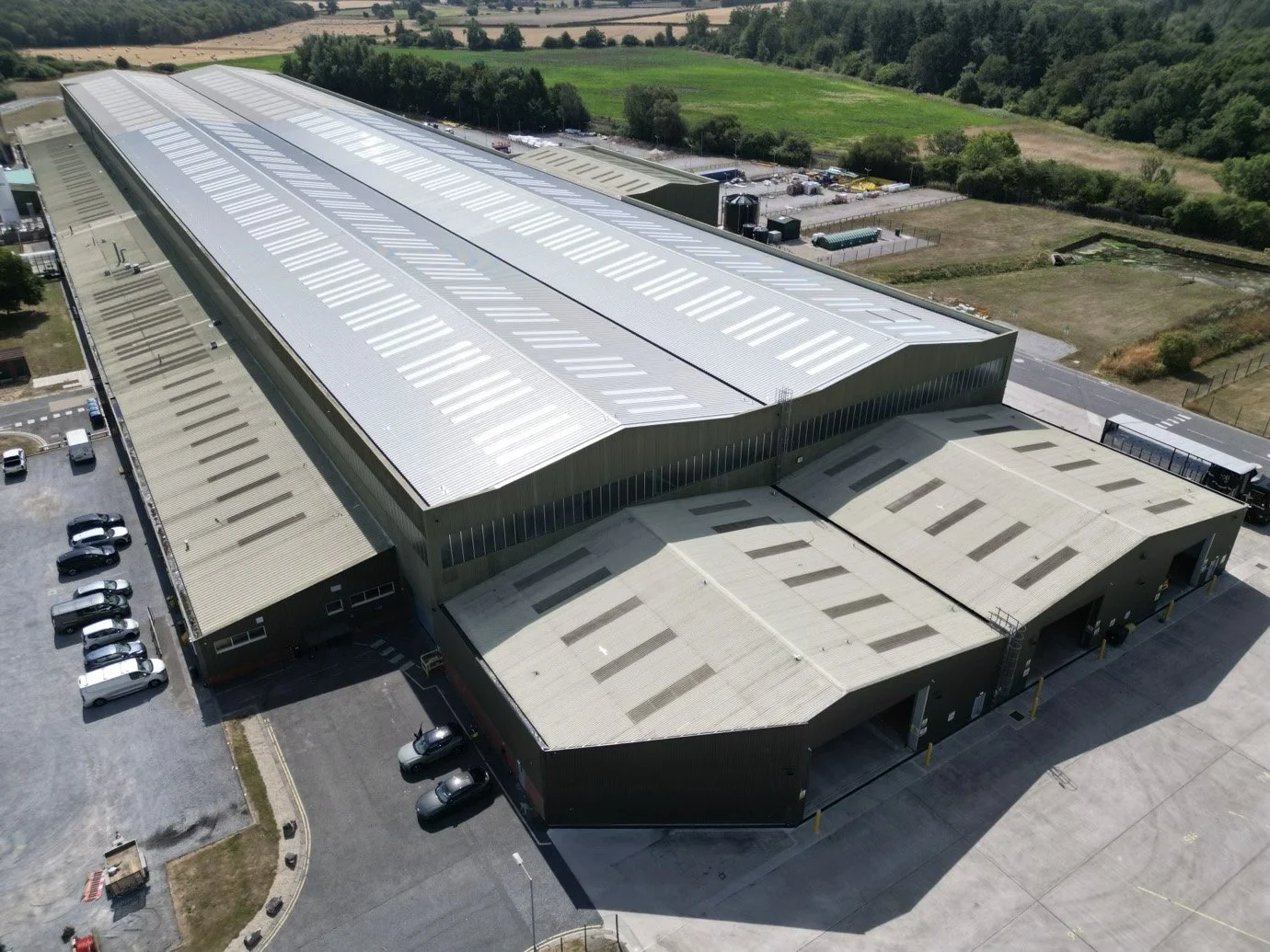 Aerial image of warehouse roof refurbishment.