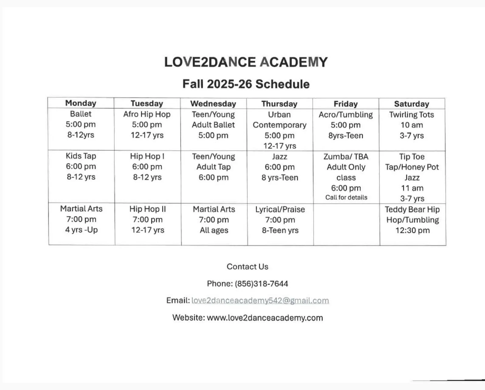 Love2Dance Academy Fall 2025-26 schedule with classes from Monday to Saturday, including ballet, Afro Hip Hop, Kids Tap, and Hip Hop, along with contact information at the bottom.