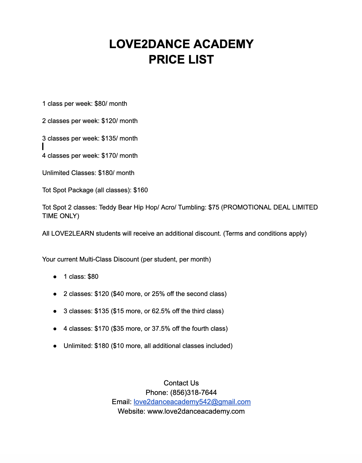 Price list for Love2Dance Academy with various weekly class packages and discounts.