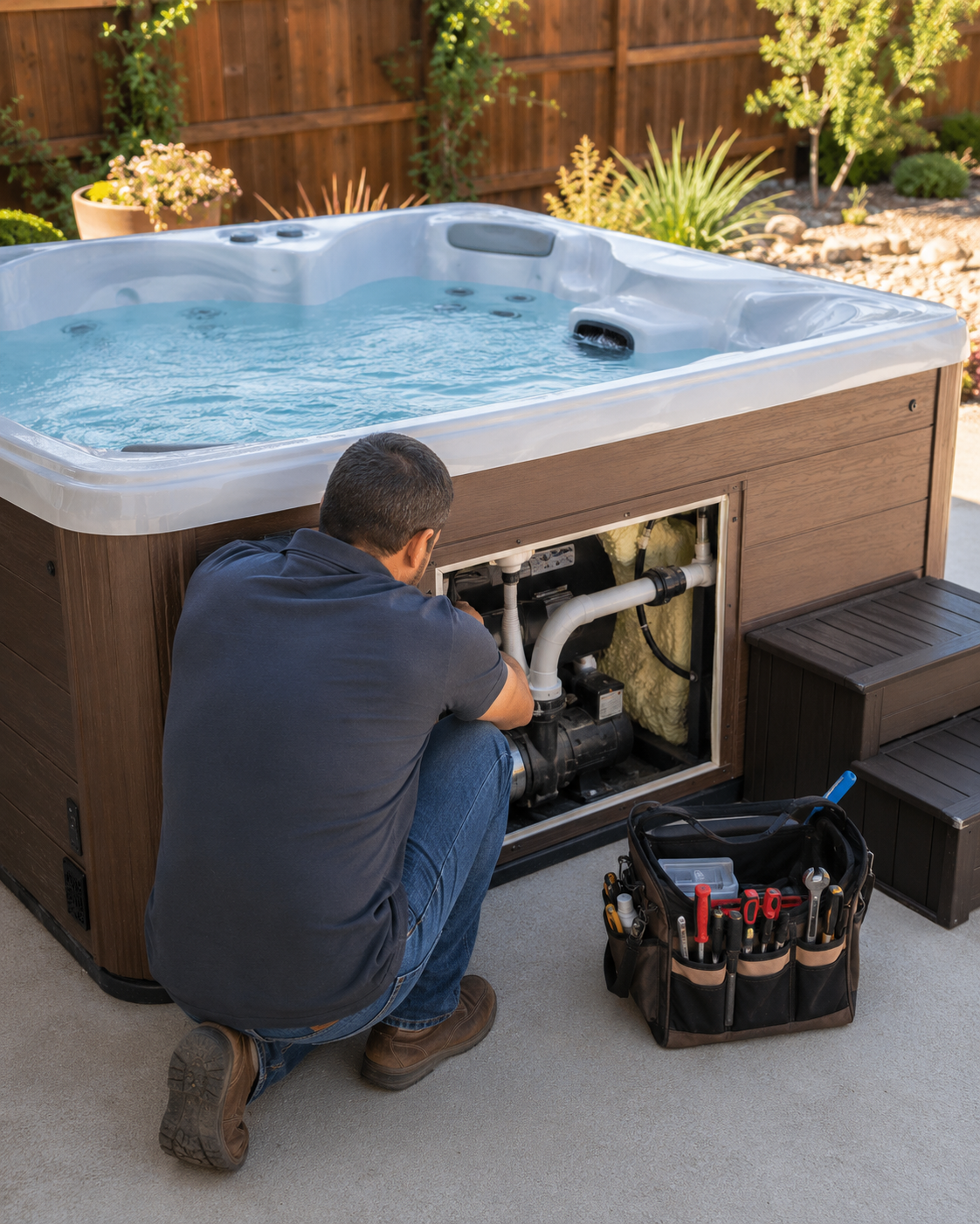 Technician servicing a portable hot tub in a North Texas backyard