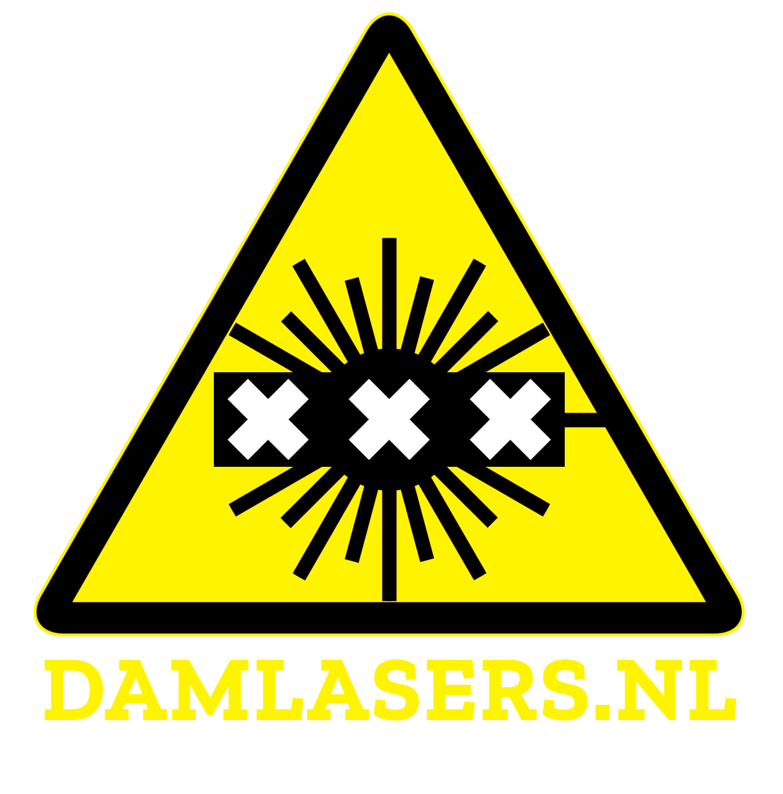 Dam Lasers logo - International laser warning symbol inset with the three St Andrew's crosses signifying Amsterdam