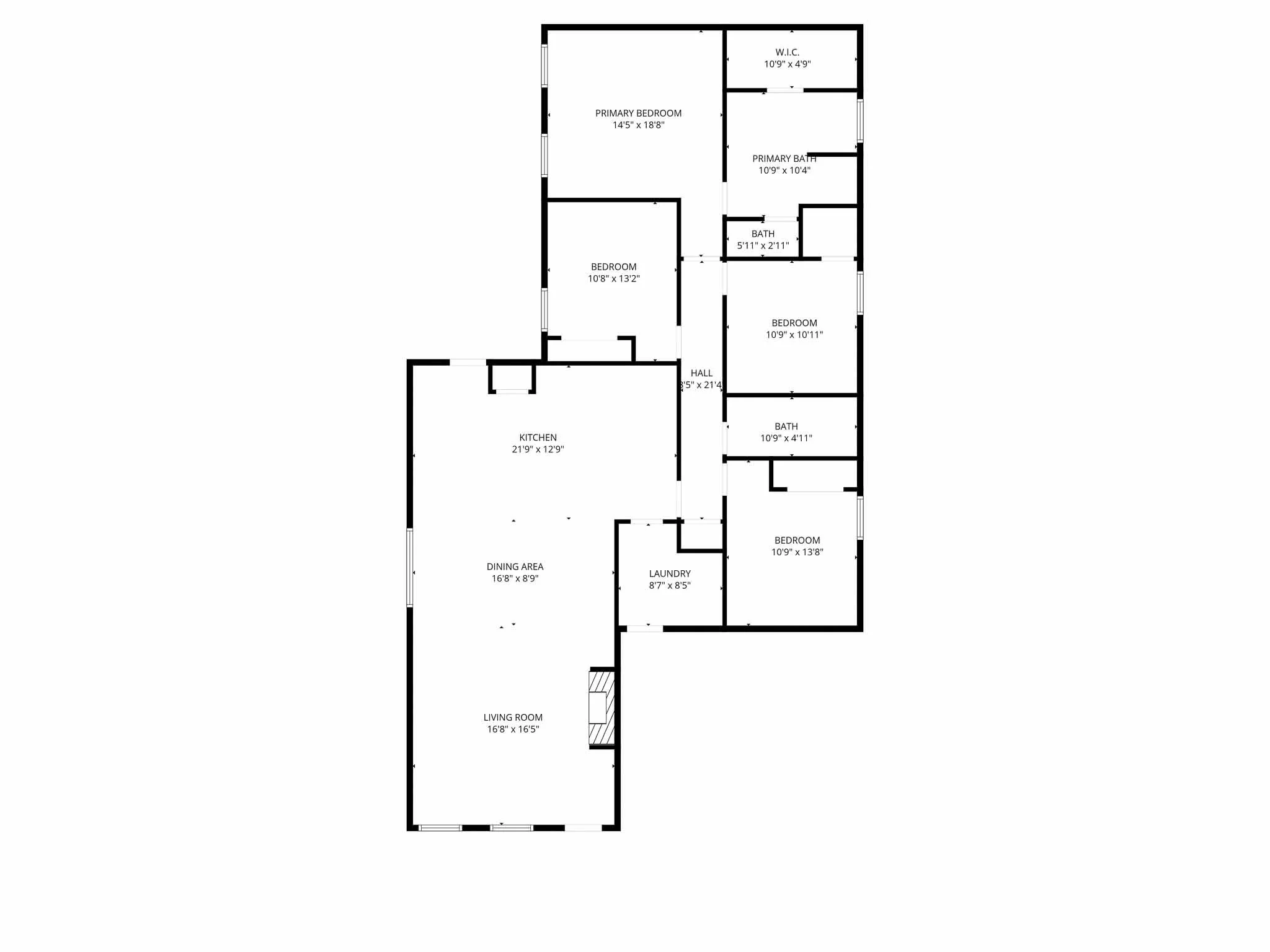 Floor plan of a house showing different rooms like living room, dining area, kitchen, laundry, bedrooms, and bathrooms with their dimensions labeled.