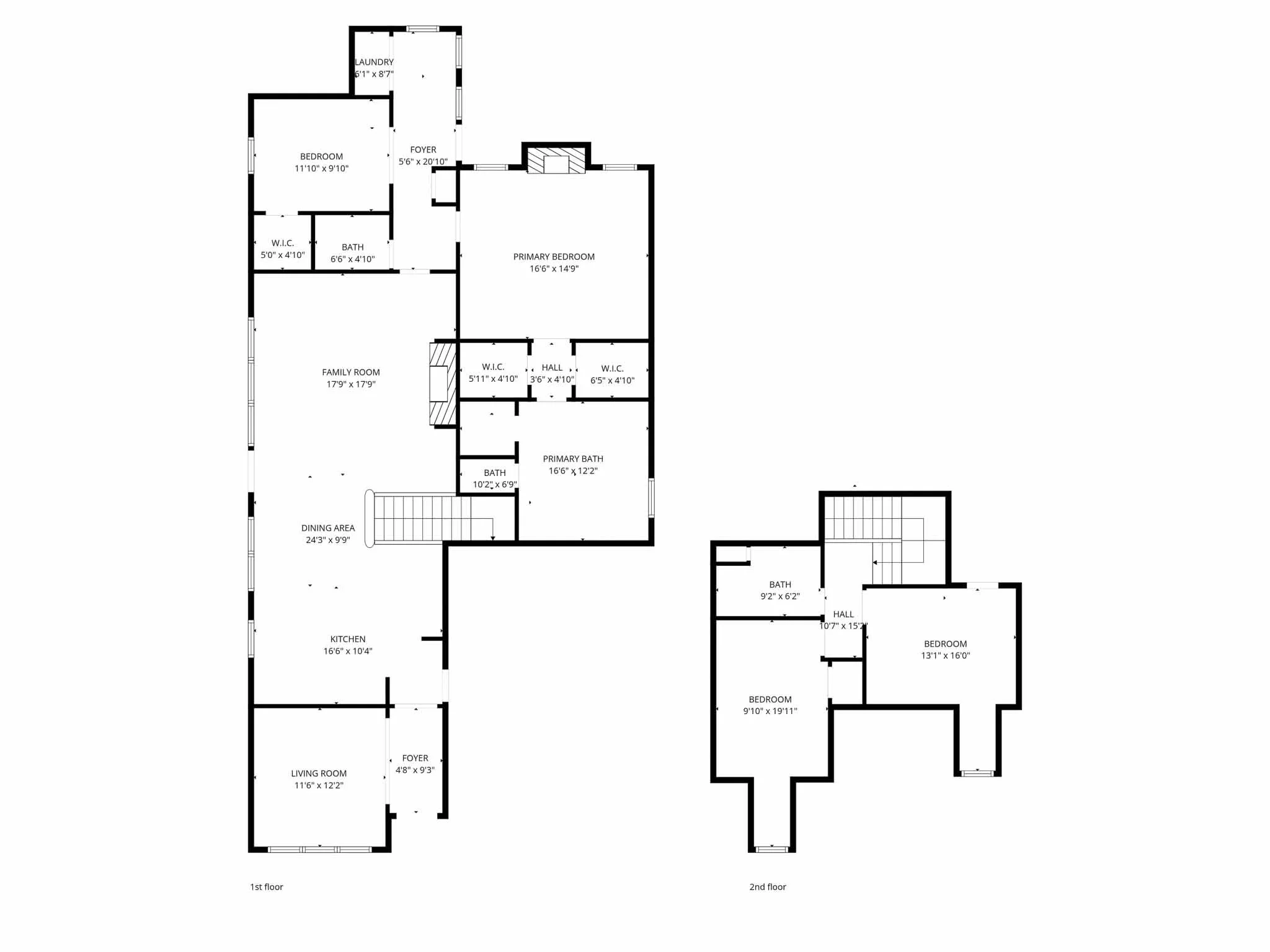 Floor plan of a multi-story house showing various rooms including bedrooms, bathrooms, kitchen, living room, family room, laundry, and hallways on both floors.