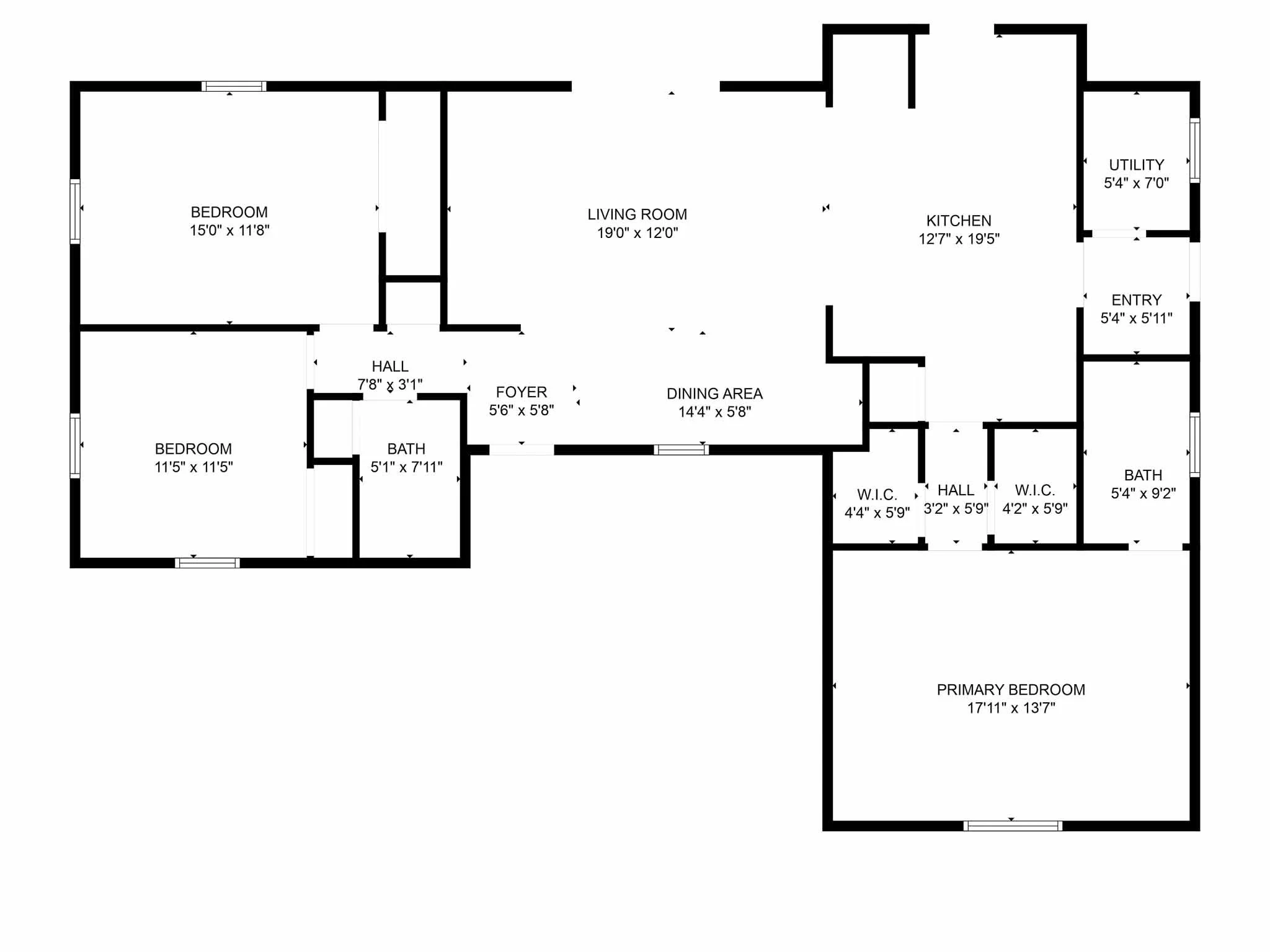 Floor plan of a house with labeled rooms including three bedrooms, two bathrooms, a living room, kitchen, utility room, entry, hallways, foyer, dining area, and closets.