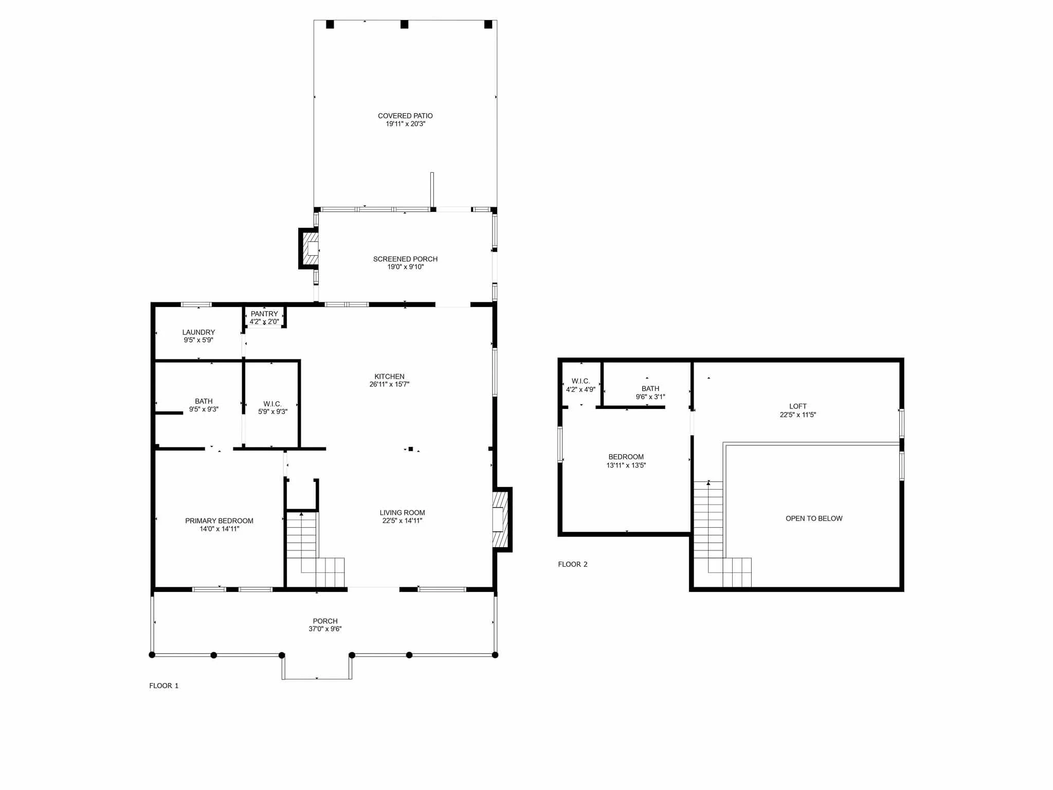 Floor plan of a two-story house showing a porch, living room, kitchen, primary bedroom, bathroom, laundry room, pantry, screened porch, covered patio, and a bedroom with a loft on the second floor.