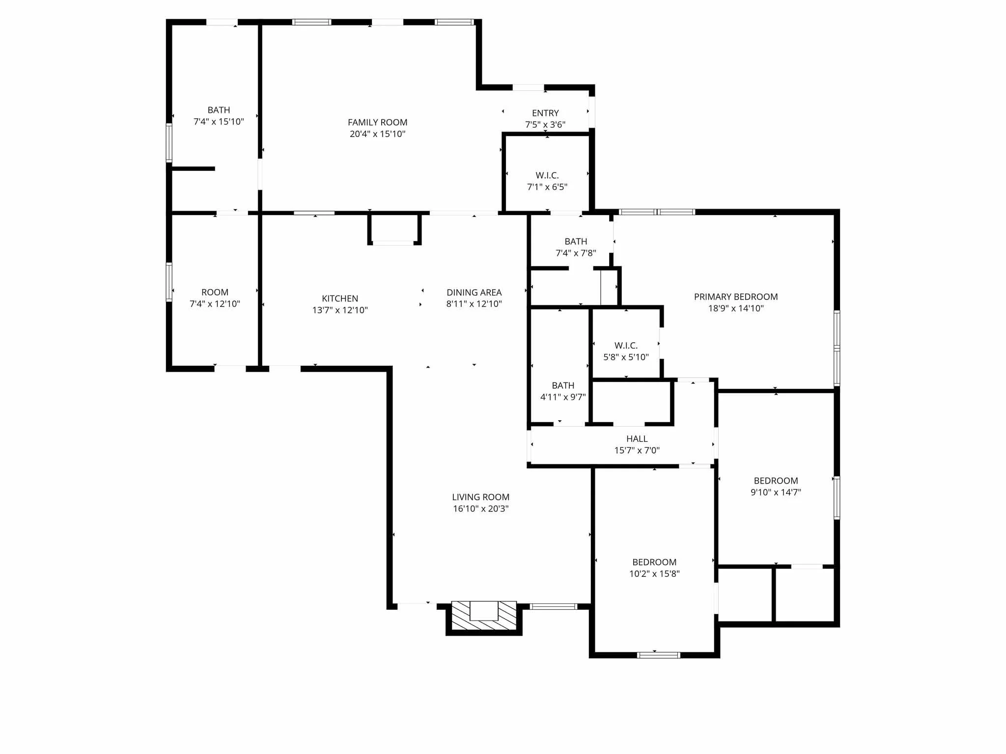 Floor plan of a house showing various rooms including a living room, kitchen, dining area, family room, bedrooms, bathrooms, entryway, walk-in closets, and hallways with dimensions labeled.