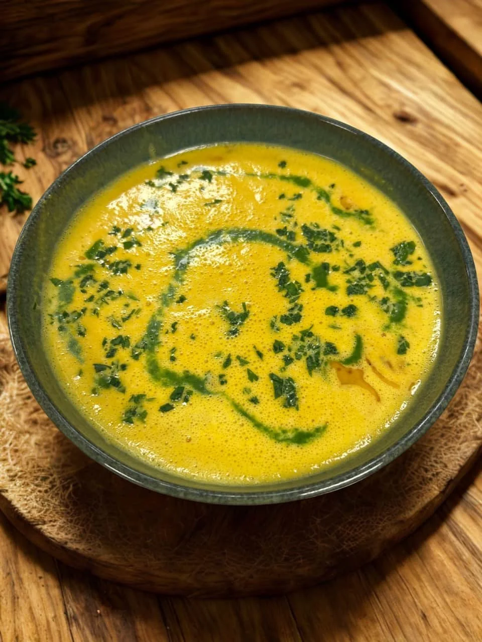 Soupe de curry jaune garnie de coriandre hachée, dans un bol en céramique, placé sur une planche en bois sur une surface en bois.