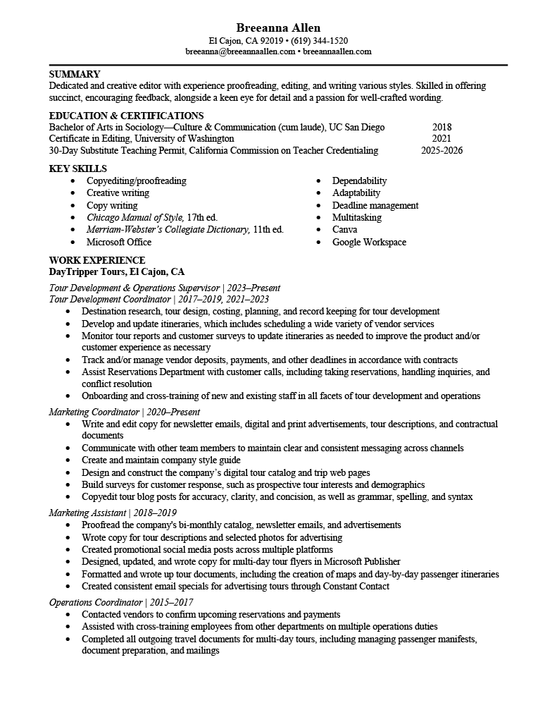 Breeanna's resume. Black text on a white background.
