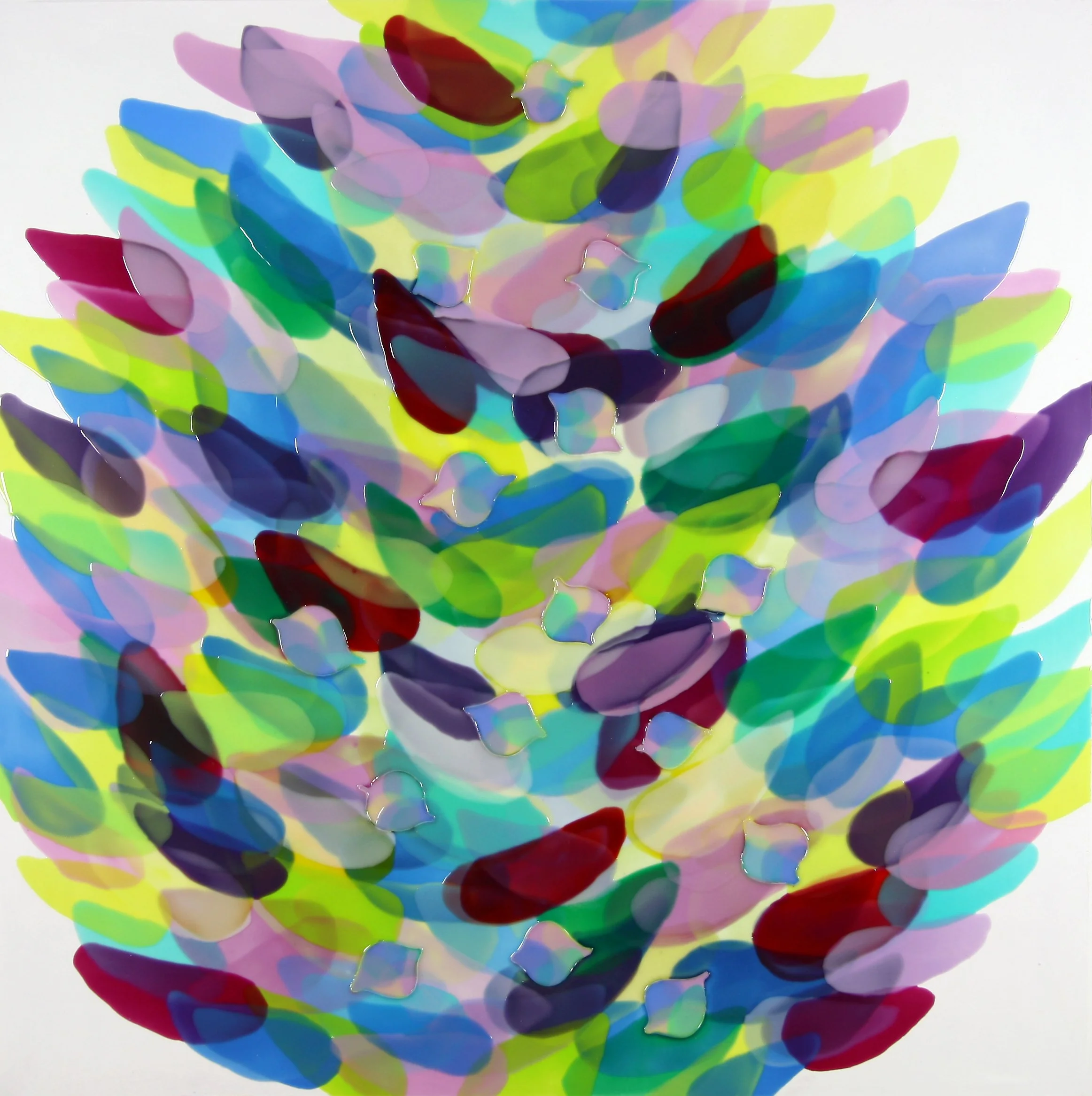FLOURISHING, Oil and epoxy resin, acrylic background on wood, 40 x 40 inches, 2026 | Available in Studio 