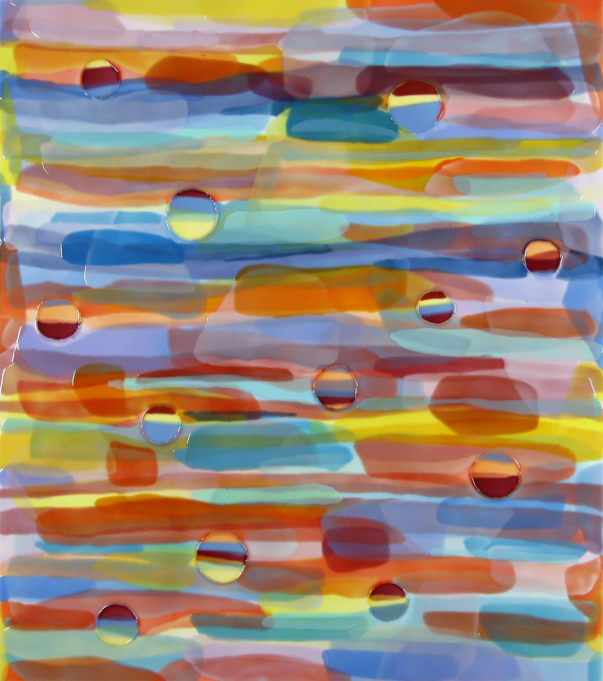 THE DISTANCE OF MANY SKIES 1, Oil and epoxy resin, acrylic background on wood, 40 x 35 inches, 2026 | Available in Studio 