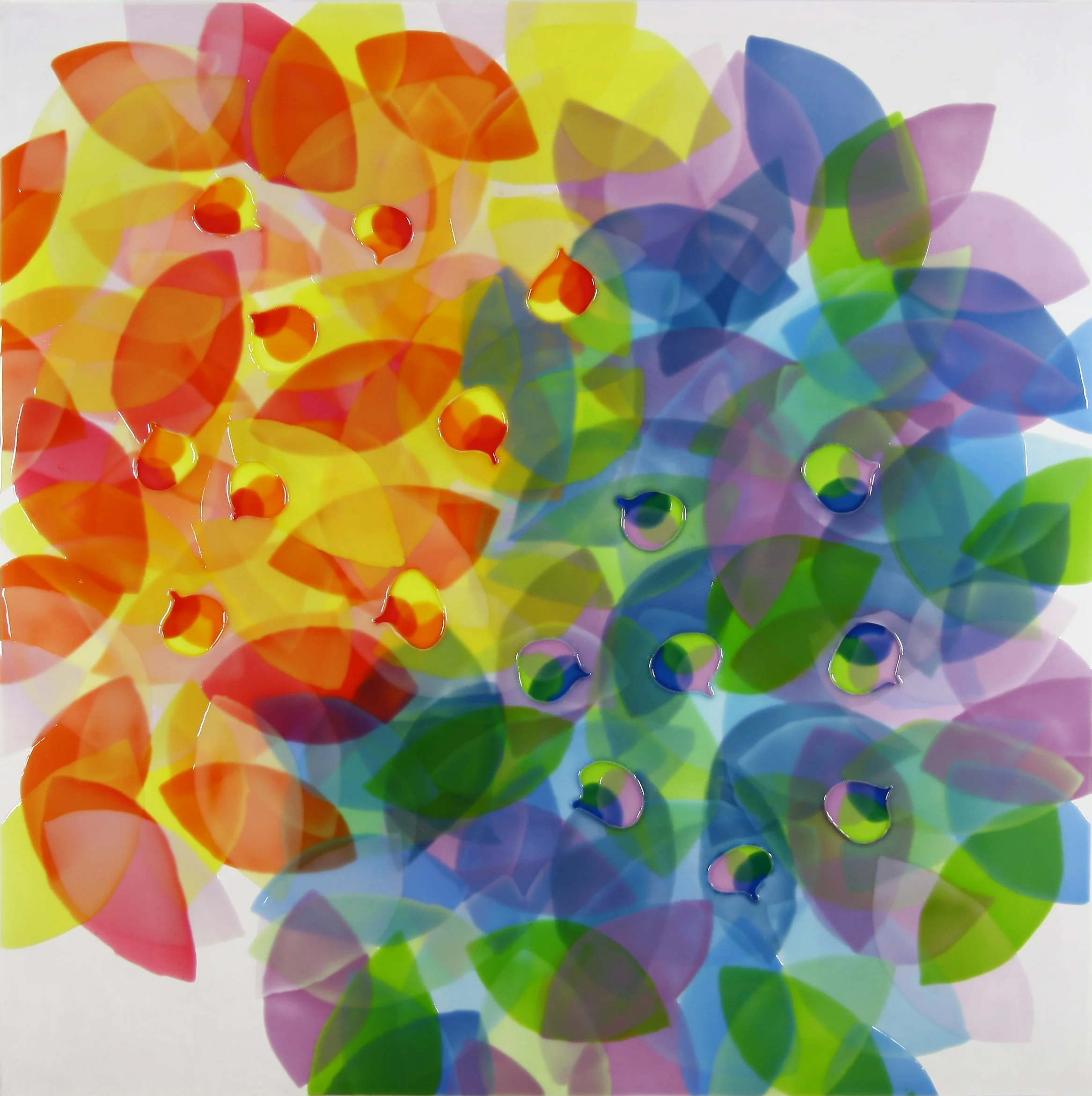 COMING TOGETHER, Oil and epoxy resin, acrylic background on wood, 40 x 40 inches, 2026 | Available in Studio 
