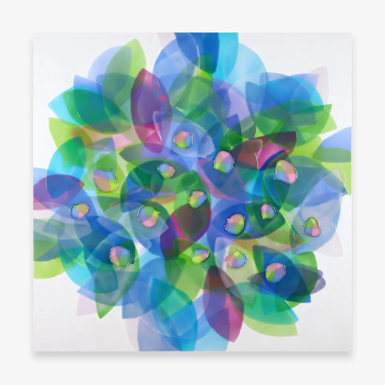 PLETHORA, Oil and epoxy resin, acrylic background on wood, 36 x 36 inches, 2026 | Available in Studio 